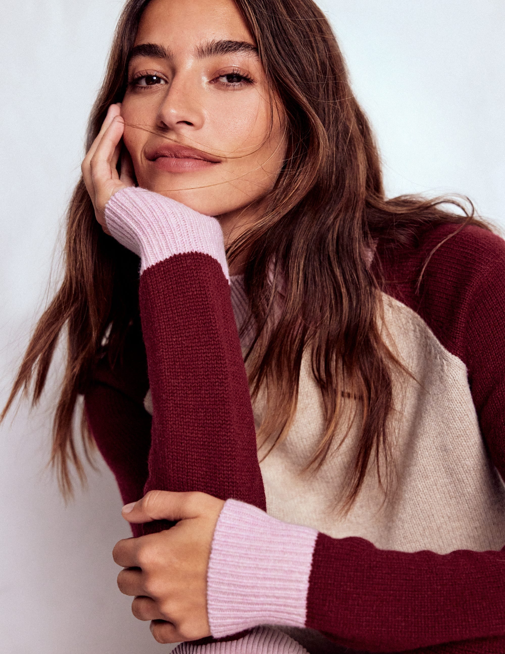 Marion Merino Rib Neck Sweater-Linen, Pinotage Colour Block