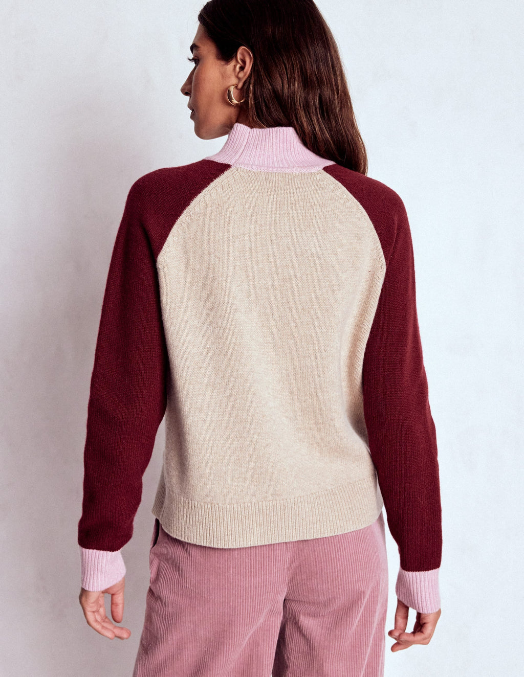 Marion Merino Rib Neck Sweater-Linen, Pinotage Colour Block
