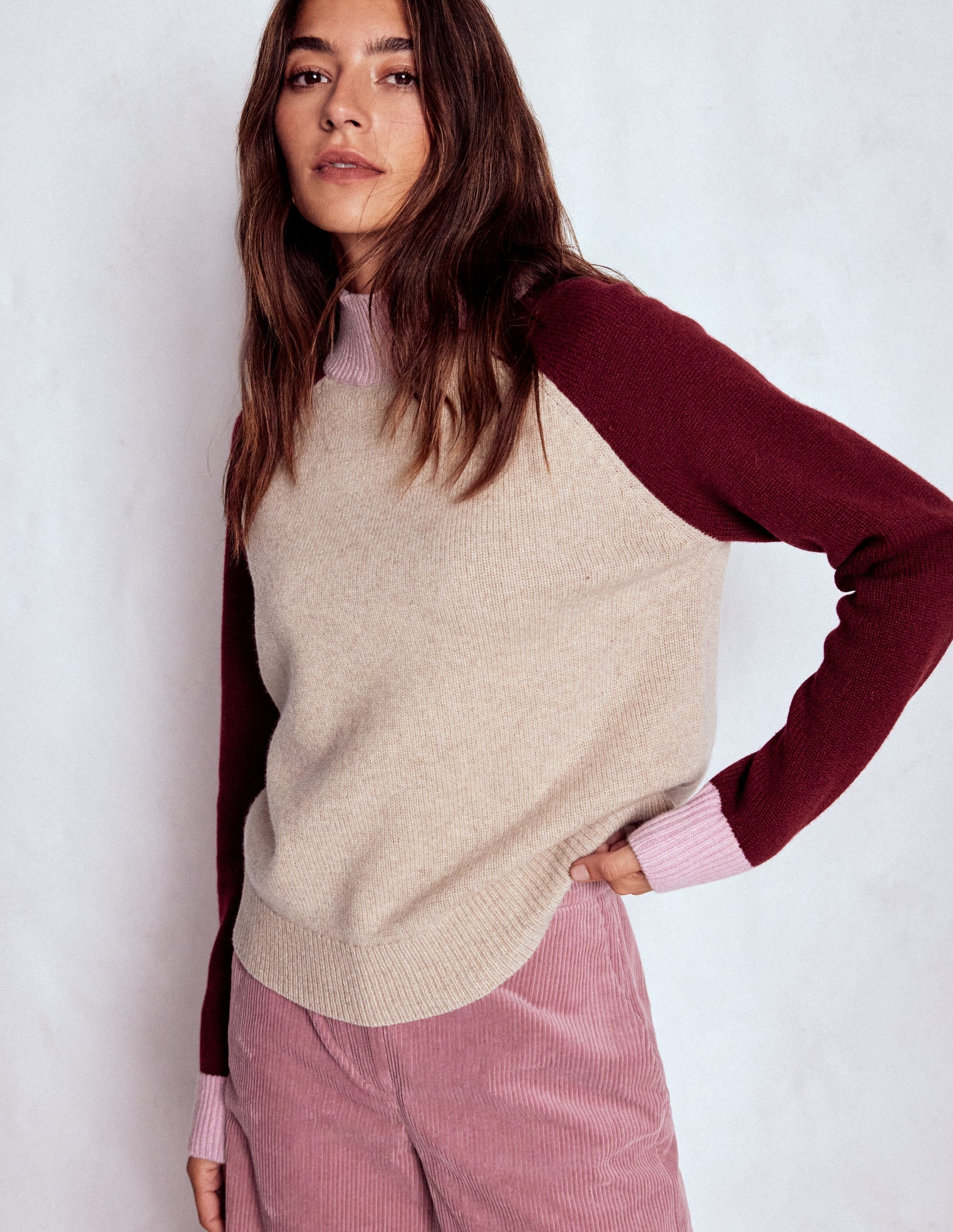 Marion Merino Rib Neck Sweater-Linen, Pinotage Colour Block