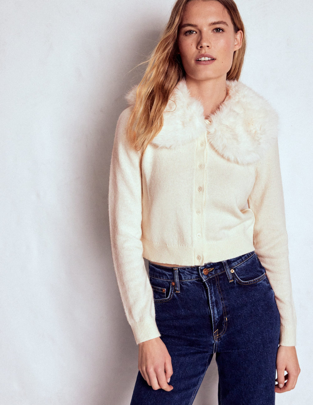 Fur Collar Cropped Cardigan-Warm Ivory