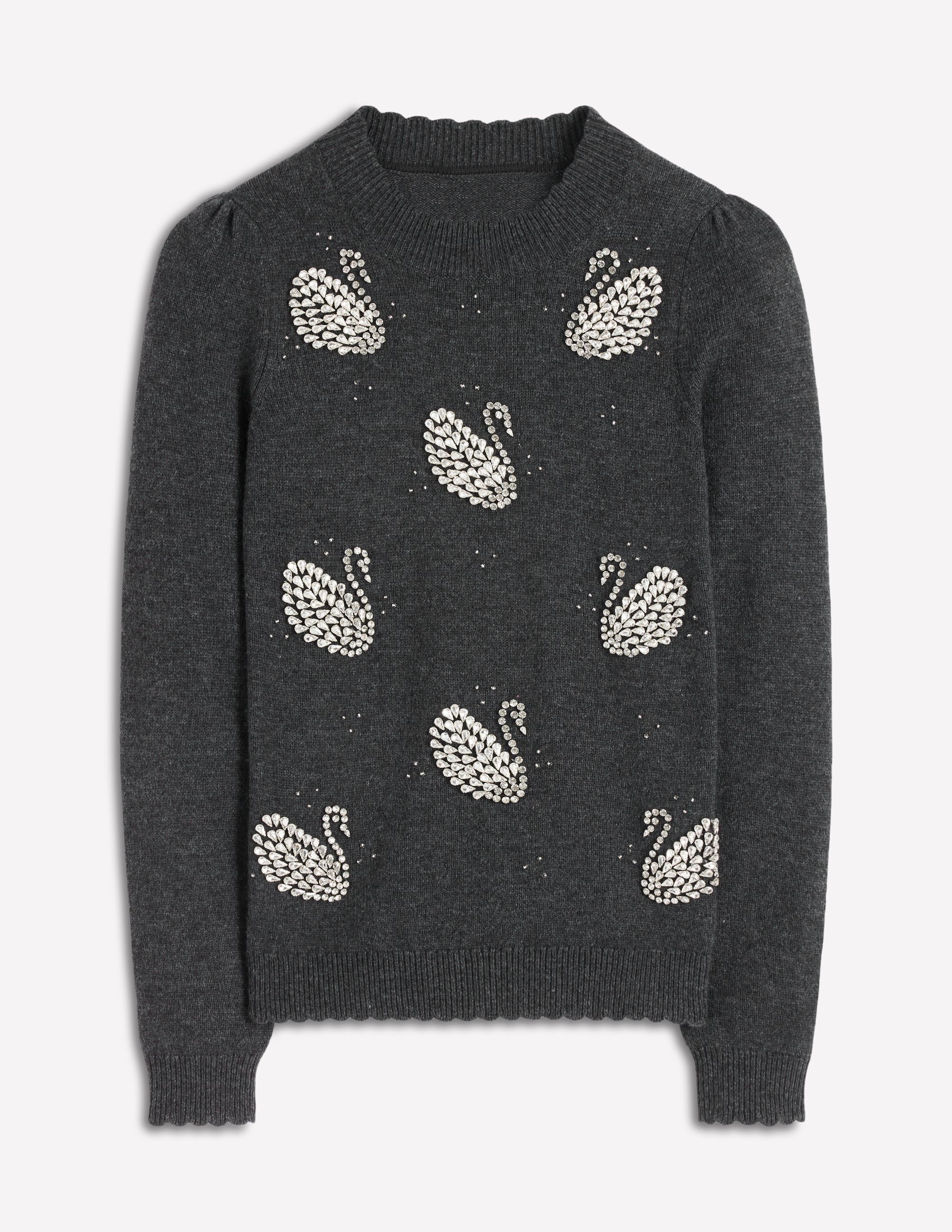 Elizabeth Embellished Sweater-Charcoal Melange Swans
