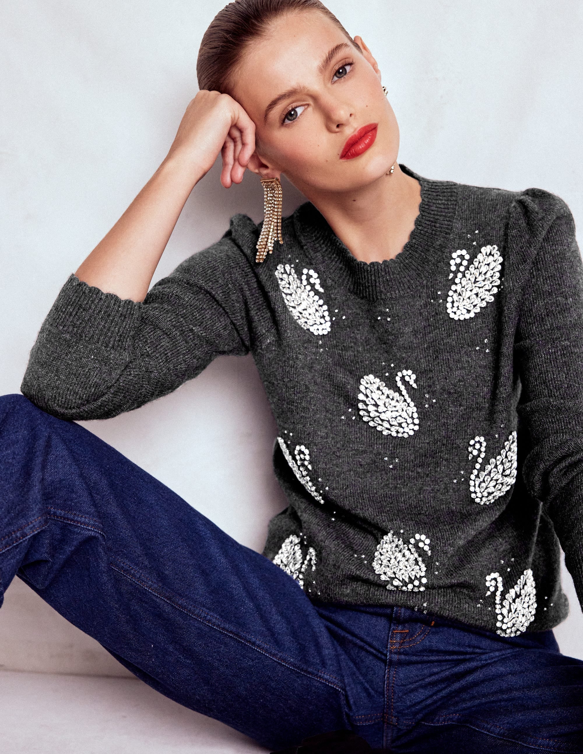 Elizabeth Embellished Sweater-Charcoal Melange Swans