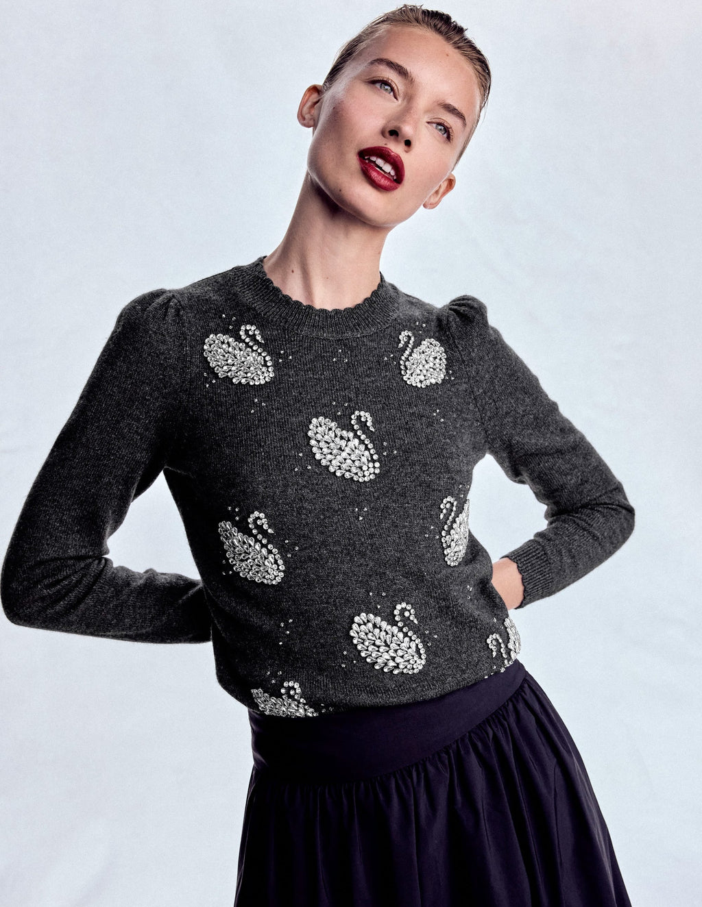 Elizabeth Embellished Sweater-Charcoal Melange Swans