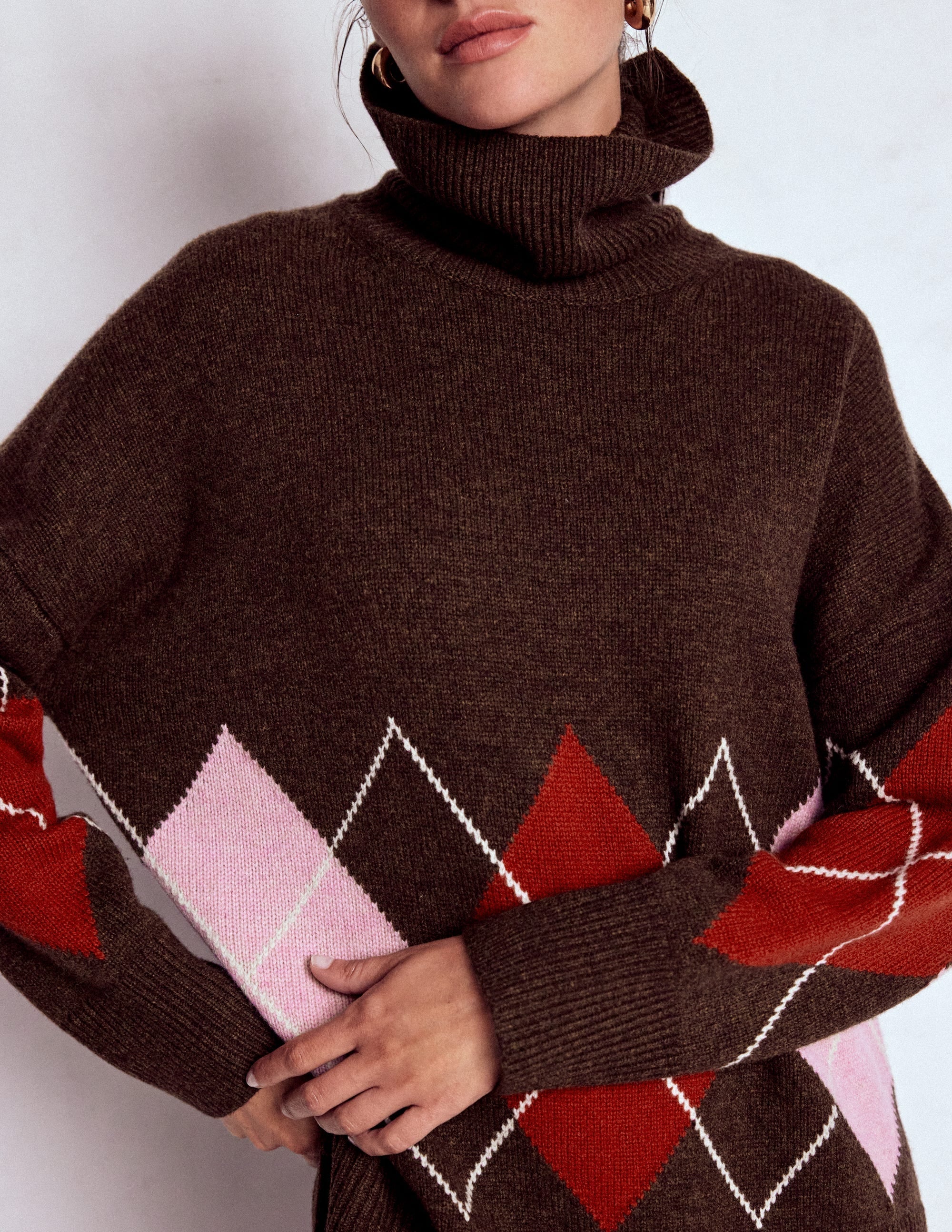 Polly Merino Roll Neck Sweater-Brown, Pink Argyle