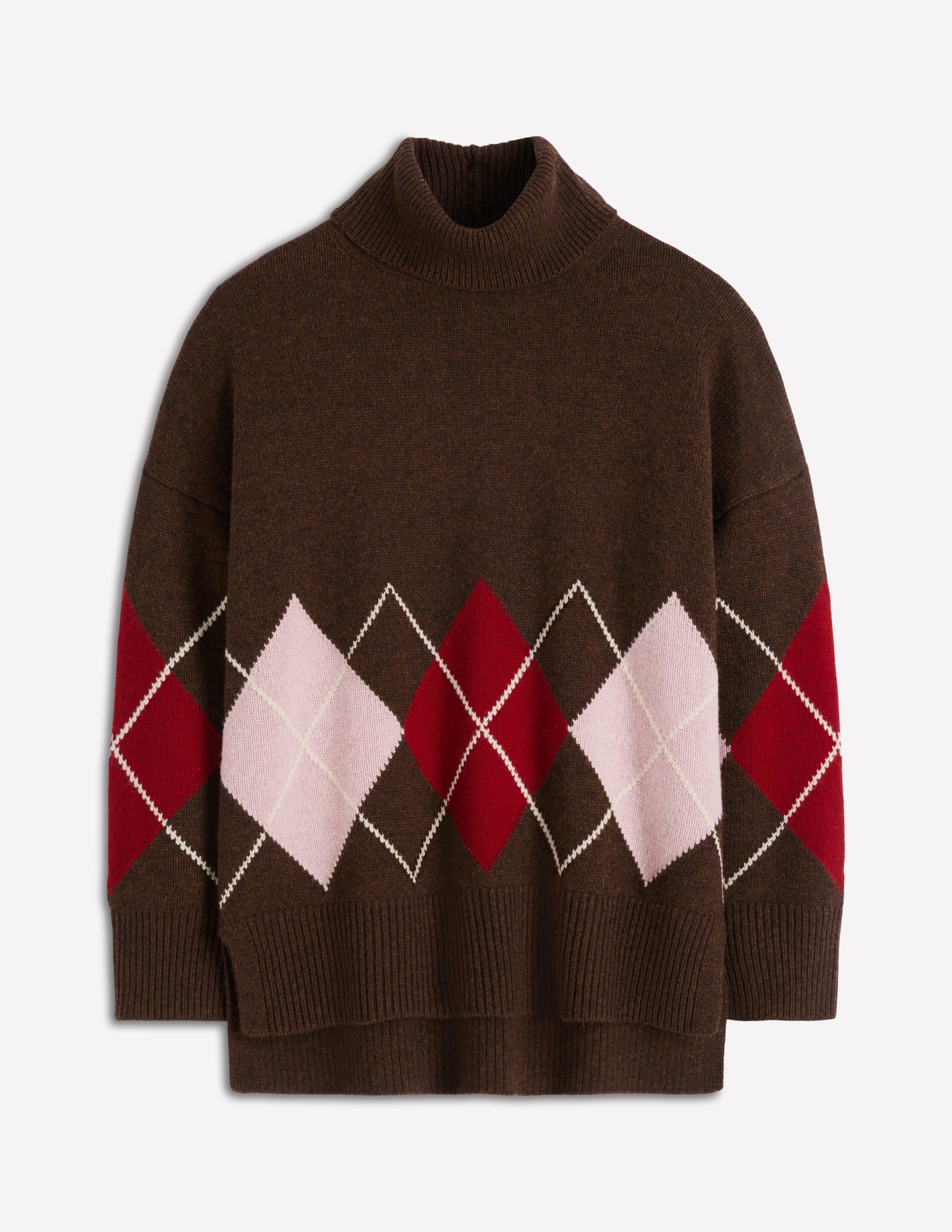 Polly Merino Roll Neck Sweater-Brown, Pink Argyle
