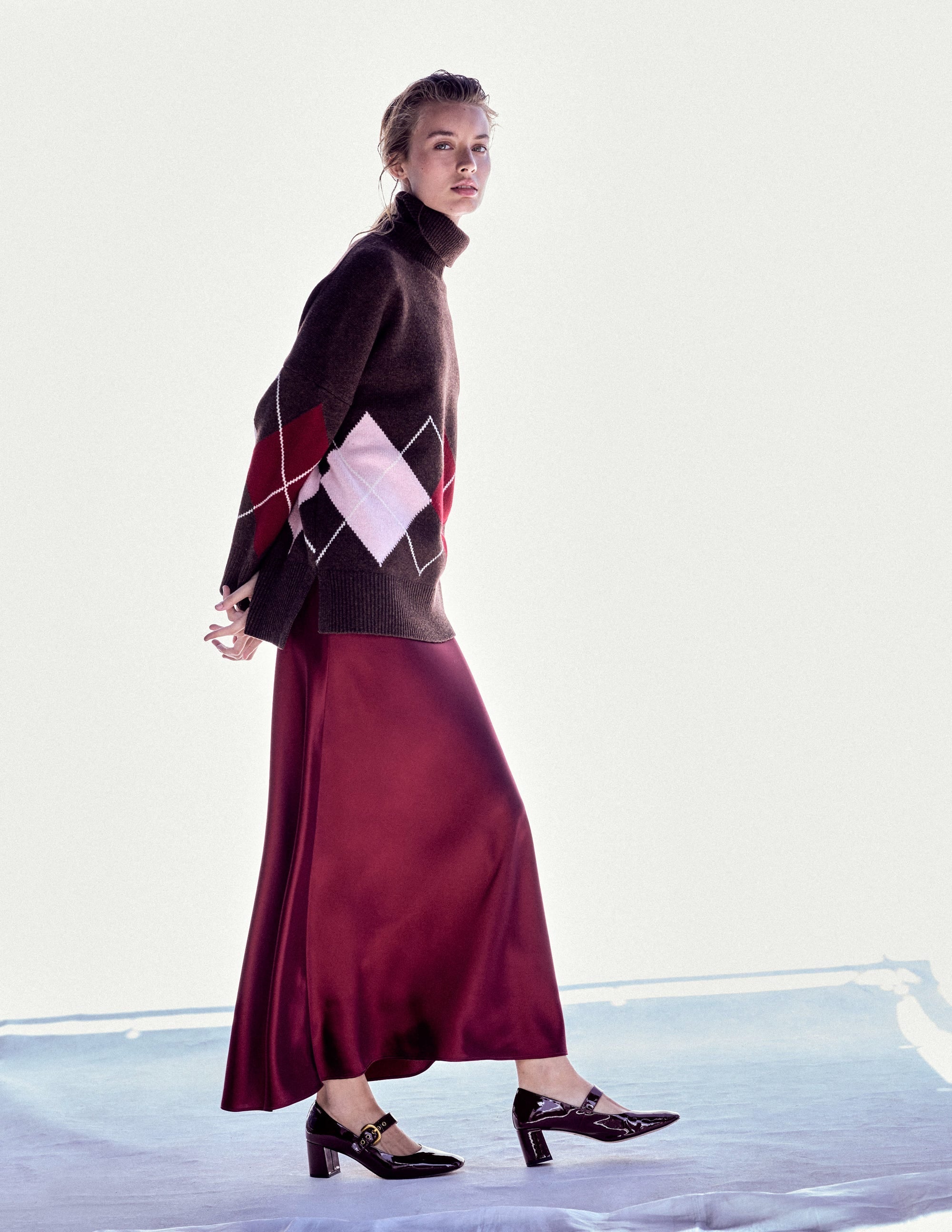 Polly Merino Roll Neck Sweater-Brown, Pink Argyle