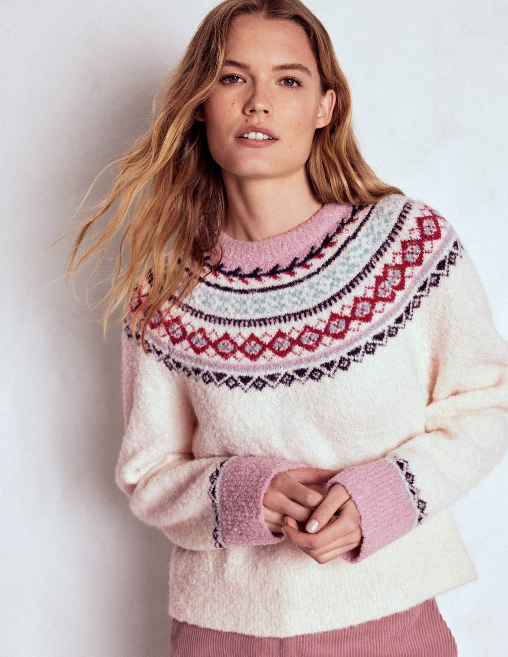 Bouclé  Raglan Sweater-Warm Ivory Fair Isle