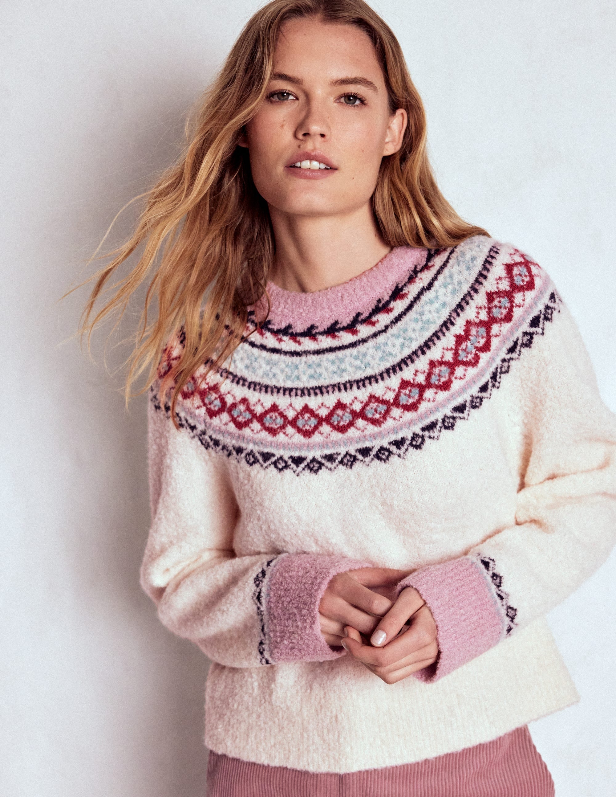Bouclé  Raglan Sweater-Warm Ivory Fair Isle