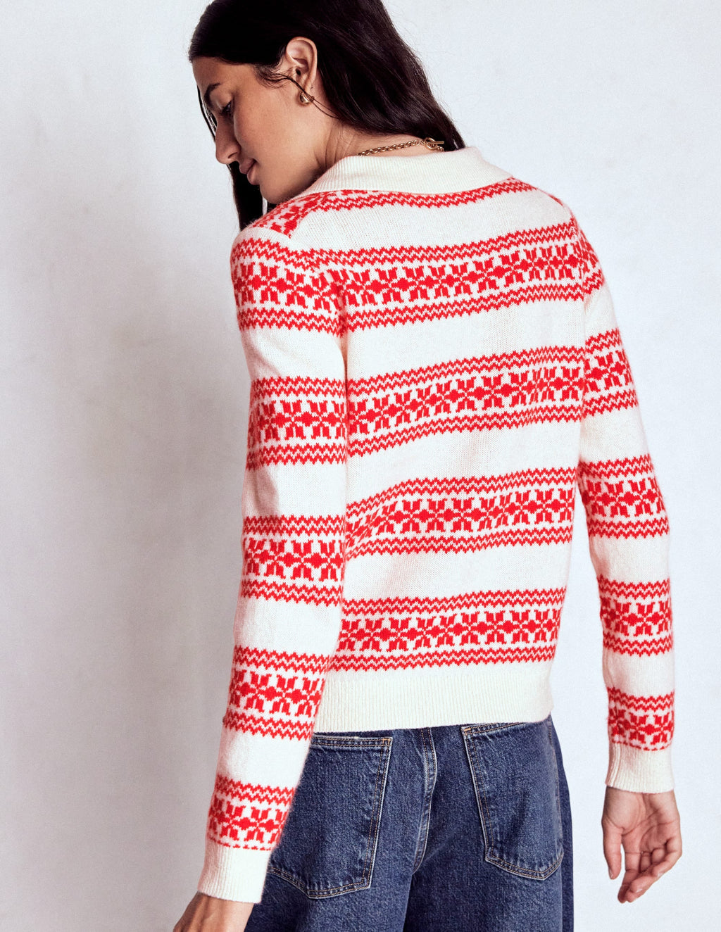 Edie Fair Isle Knitted Shirt-Warm Ivory, Red Fair Isle