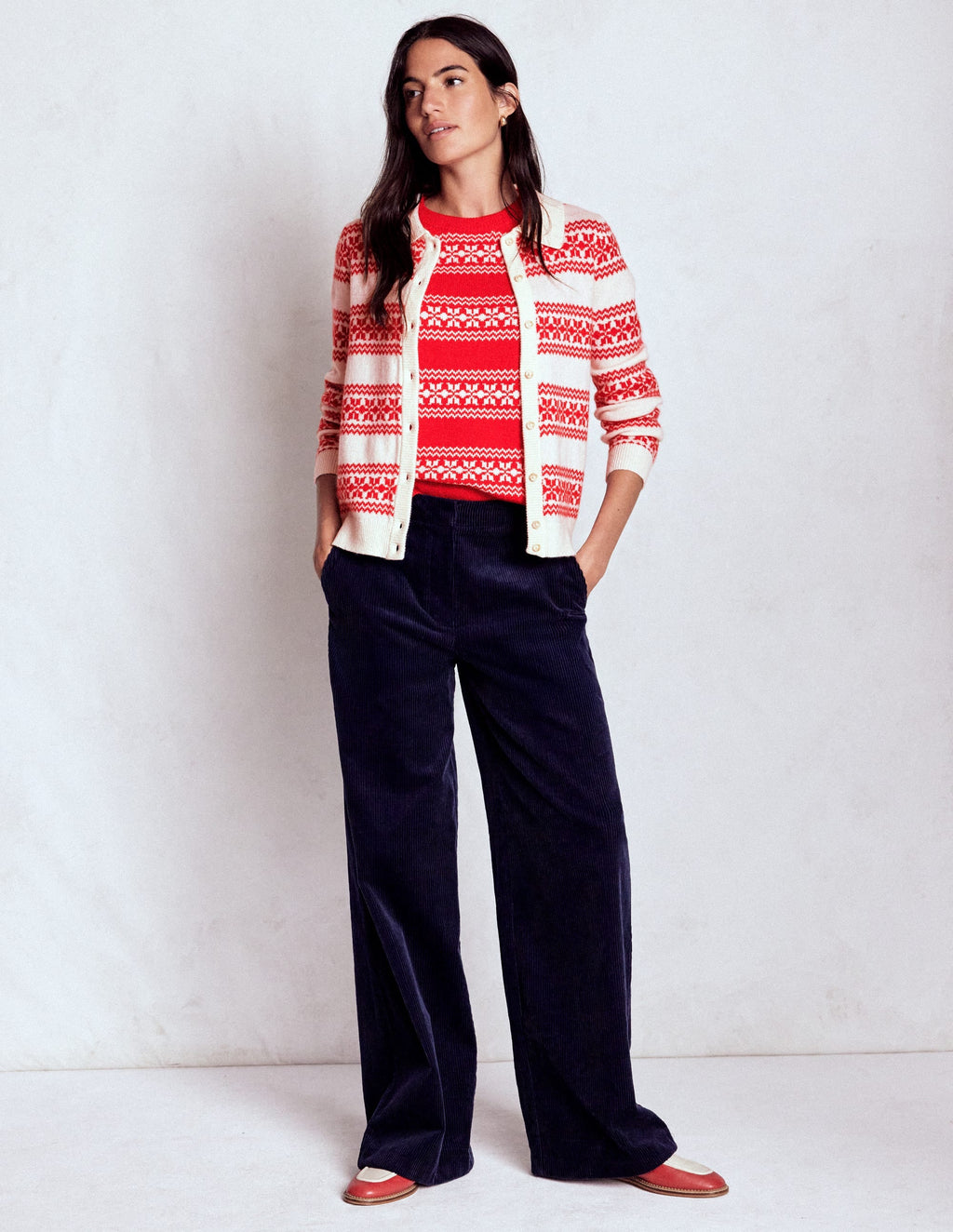 Edie Fair Isle Knitted Shirt-Warm Ivory, Red Fair Isle