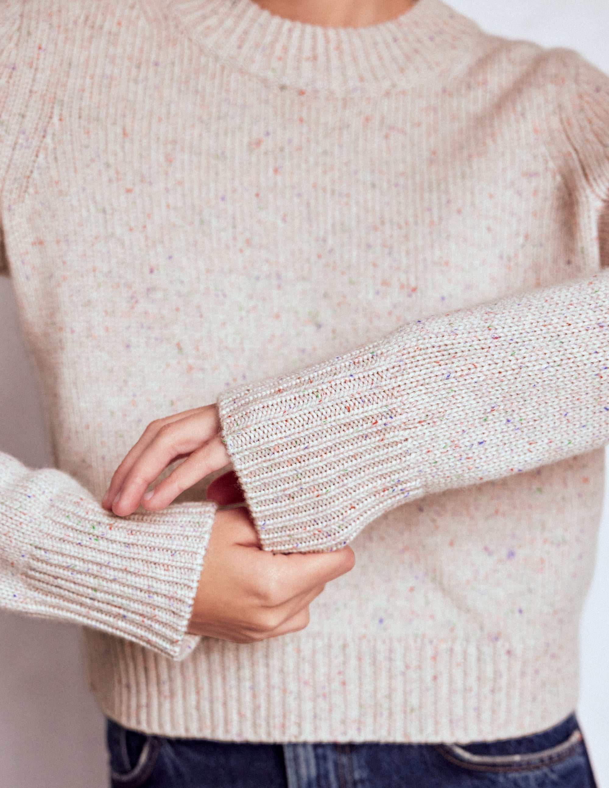 Chunky Crop Cashmere Sweater-Ivory, Multi Neps