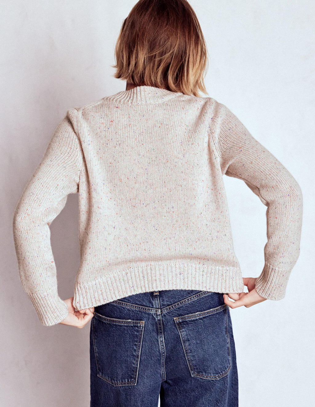 Chunky Crop Cashmere Sweater-Ivory, Multi Neps