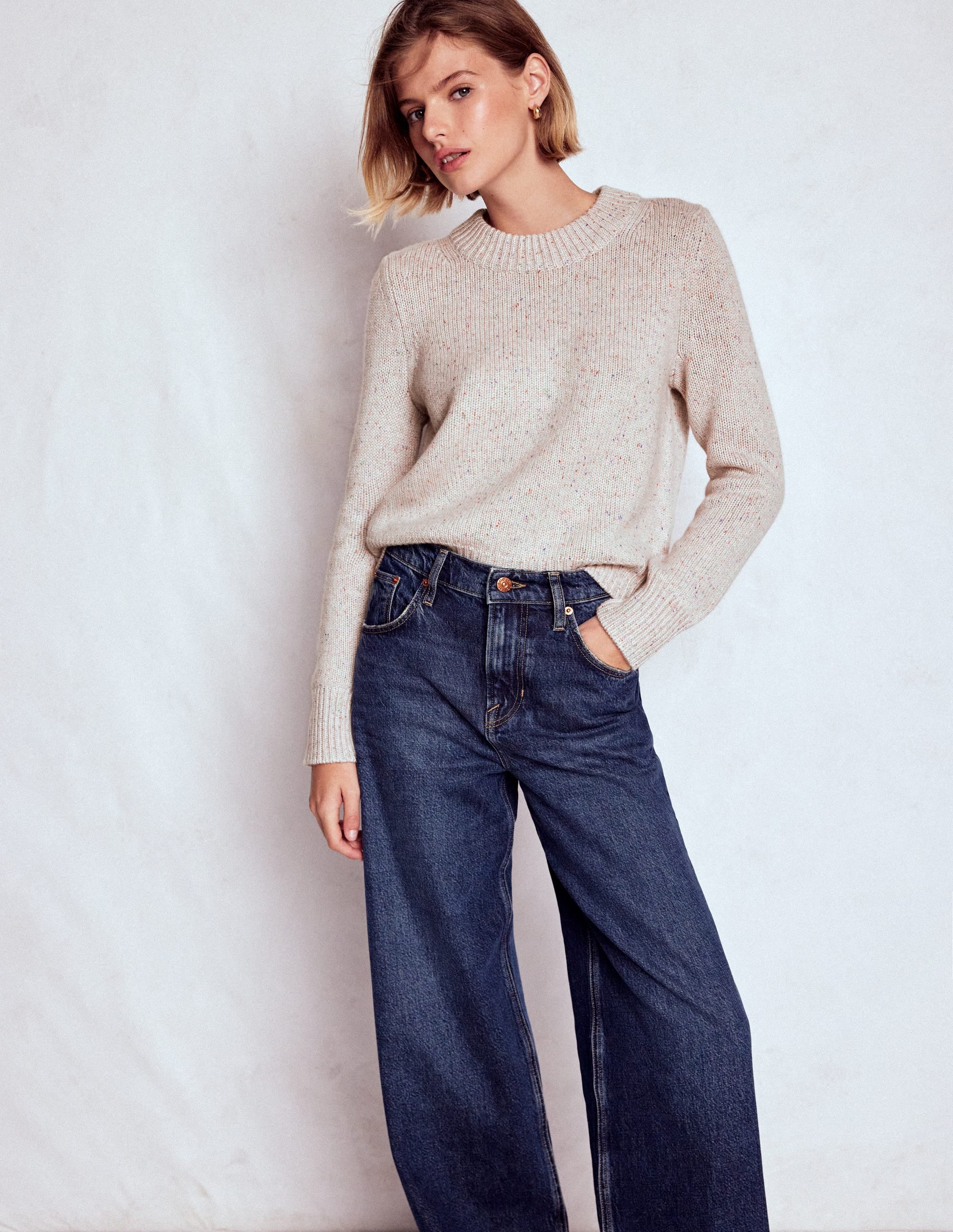 Chunky Crop Cashmere Sweater-Ivory, Multi Neps