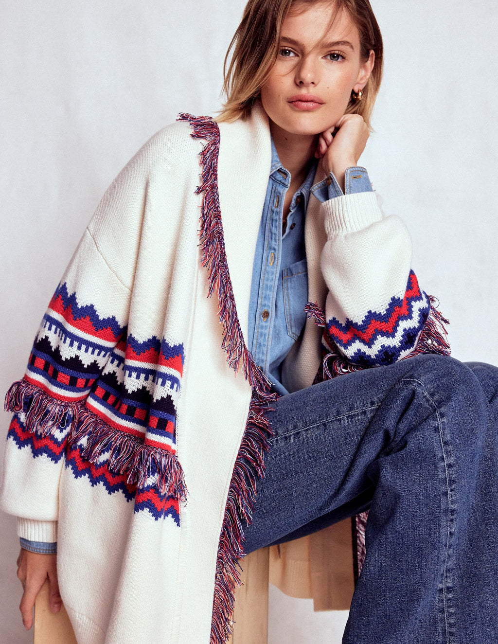 Fringed Jacquard Cardigan-Warm Ivory Melange