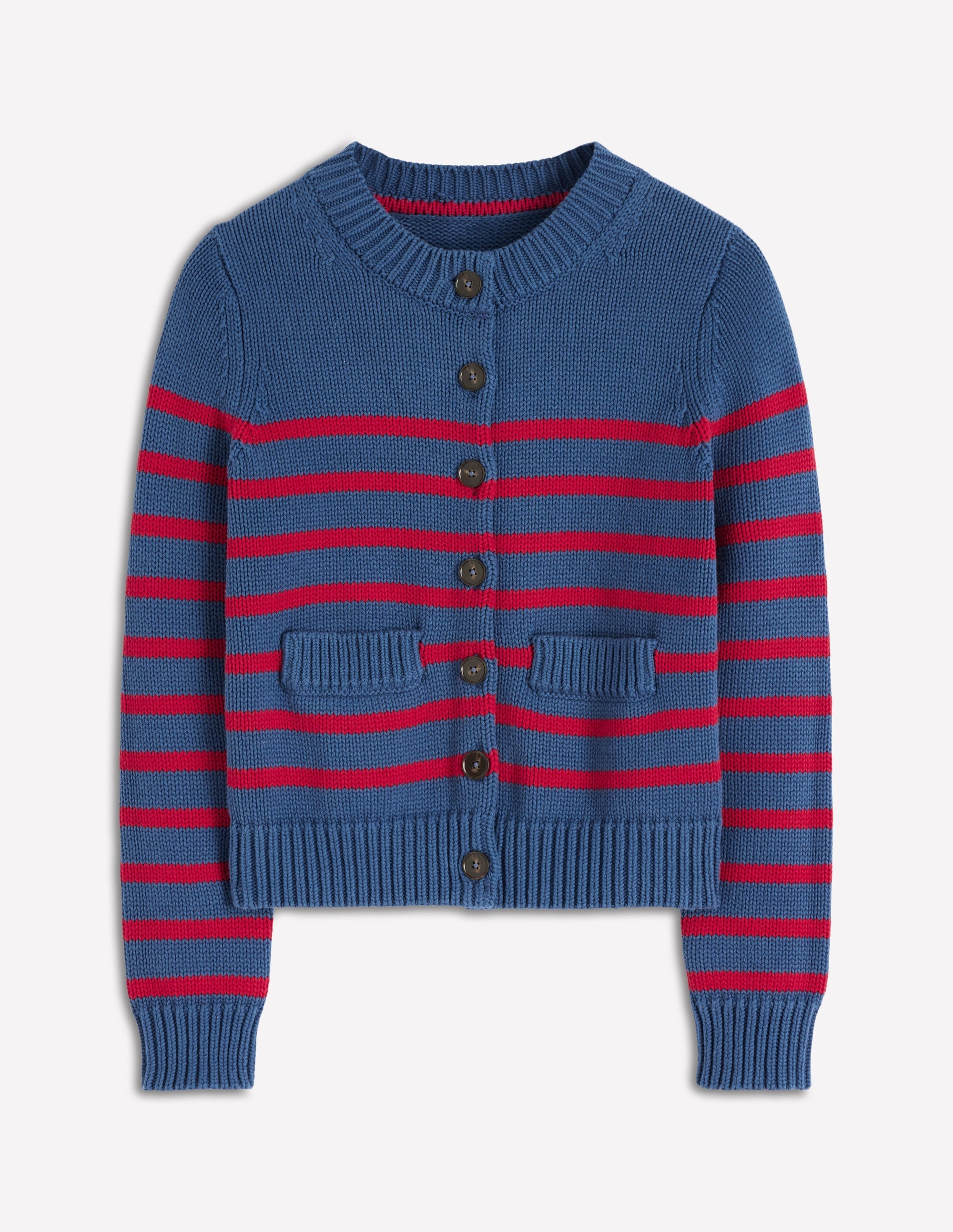 Lucy Chunky Cotton Cardigan-Soft Navy and Red Stripe