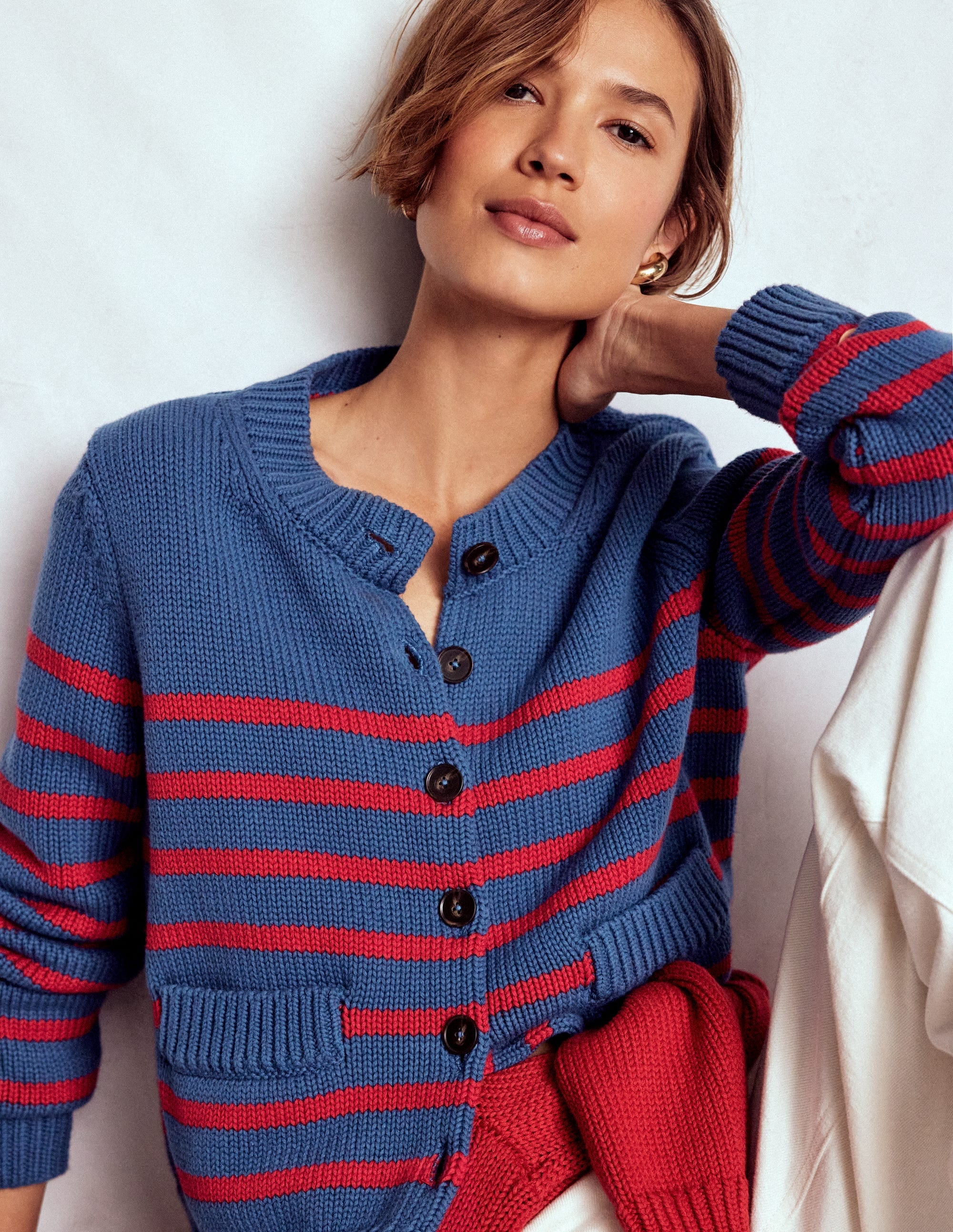 Lucy Chunky Cotton Cardigan-Soft Navy and Red Stripe