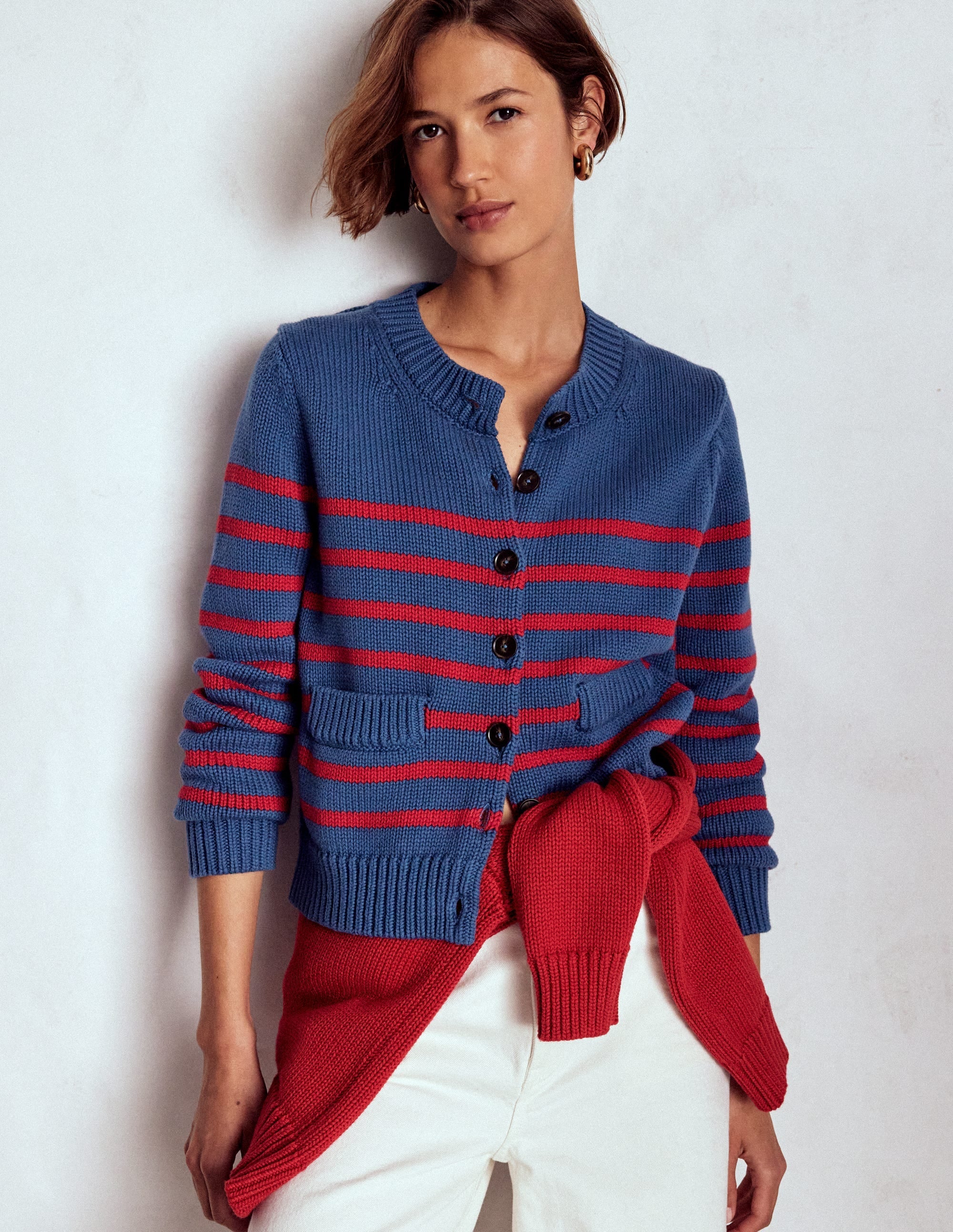 Lucy Chunky Cotton Cardigan-Soft Navy and Red Stripe