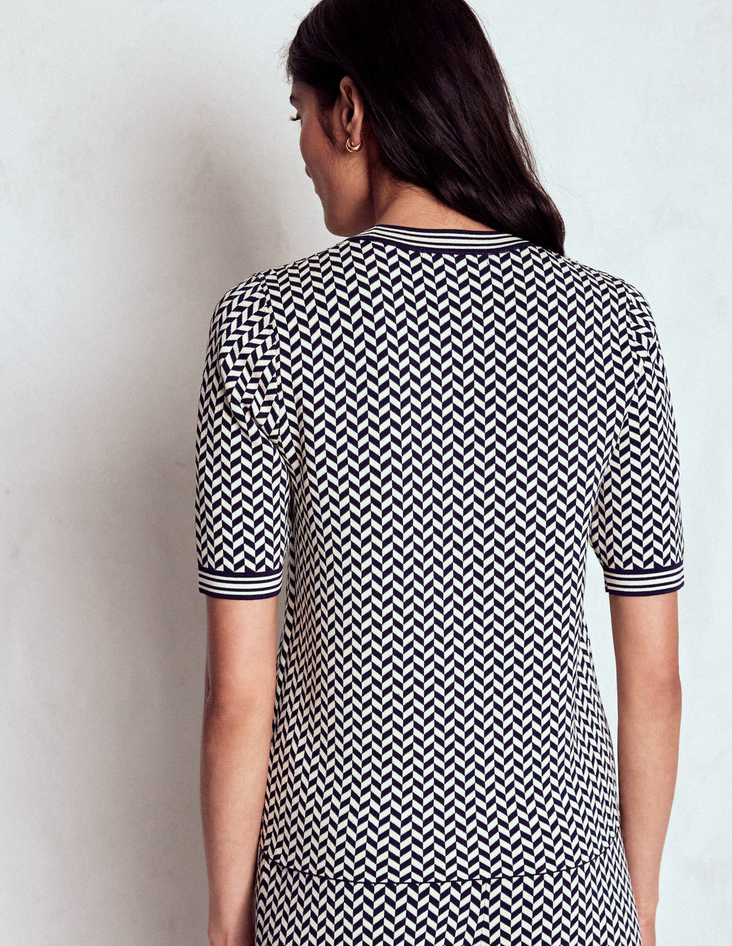 Jacquard Knitted T-Shirt-Navy/ Ivory Dogtooth