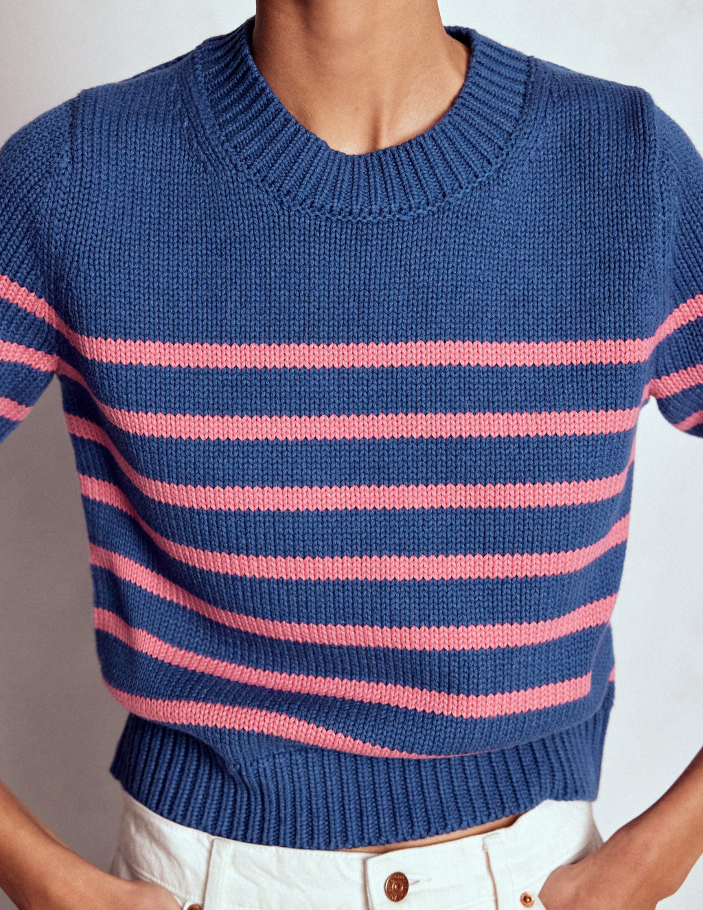 Lucy Chunky Cotton Sweater-Blue, Pink Stripe