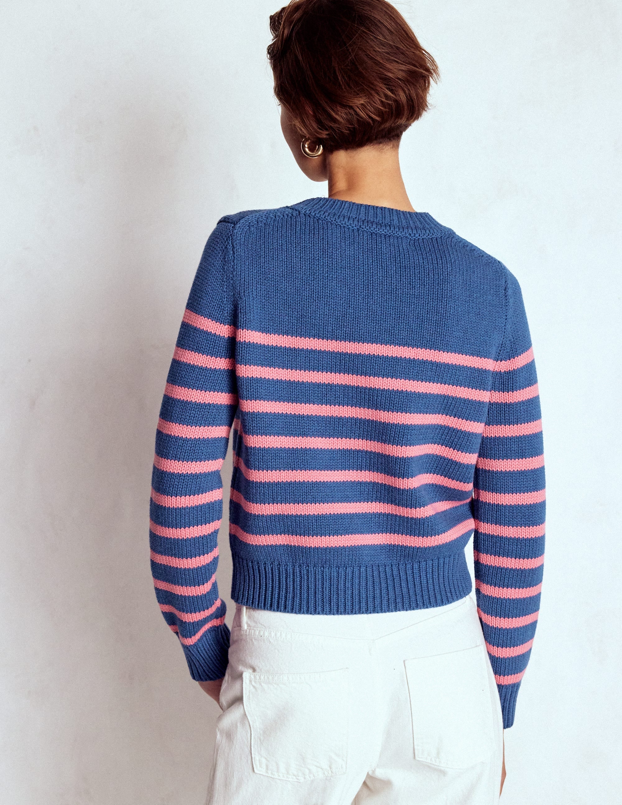 Lucy Chunky Cotton Sweater-Blue, Pink Stripe
