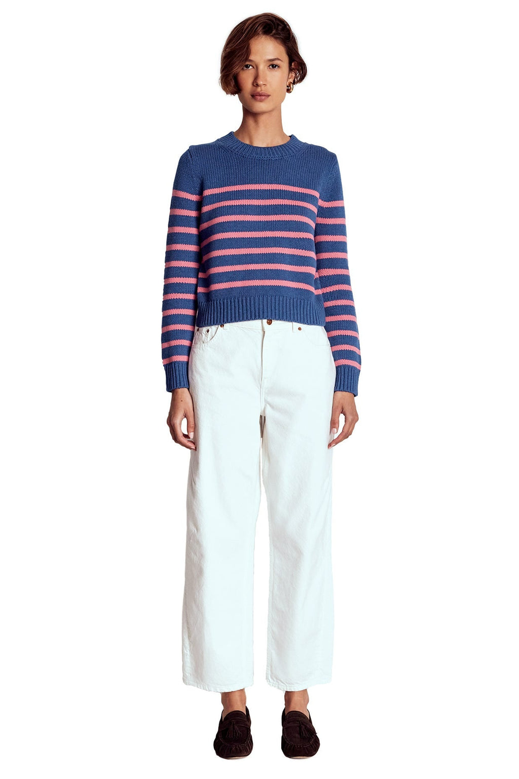 Lucy Chunky Cotton Sweater-Blue, Pink Stripe