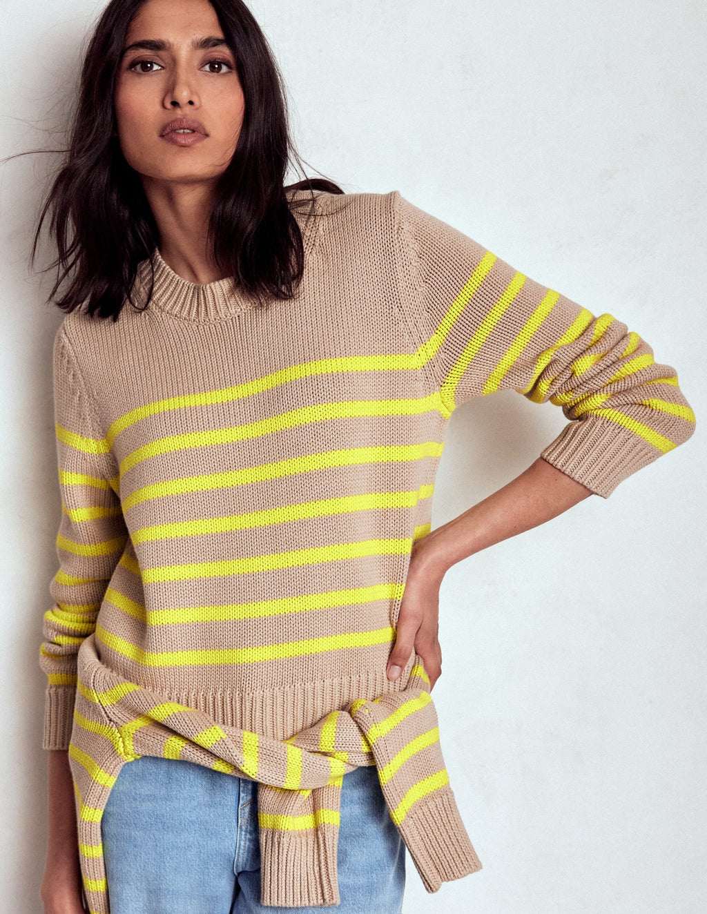 Lucy Chunky Cotton Sweater-Camel Melange, Neon Stripe