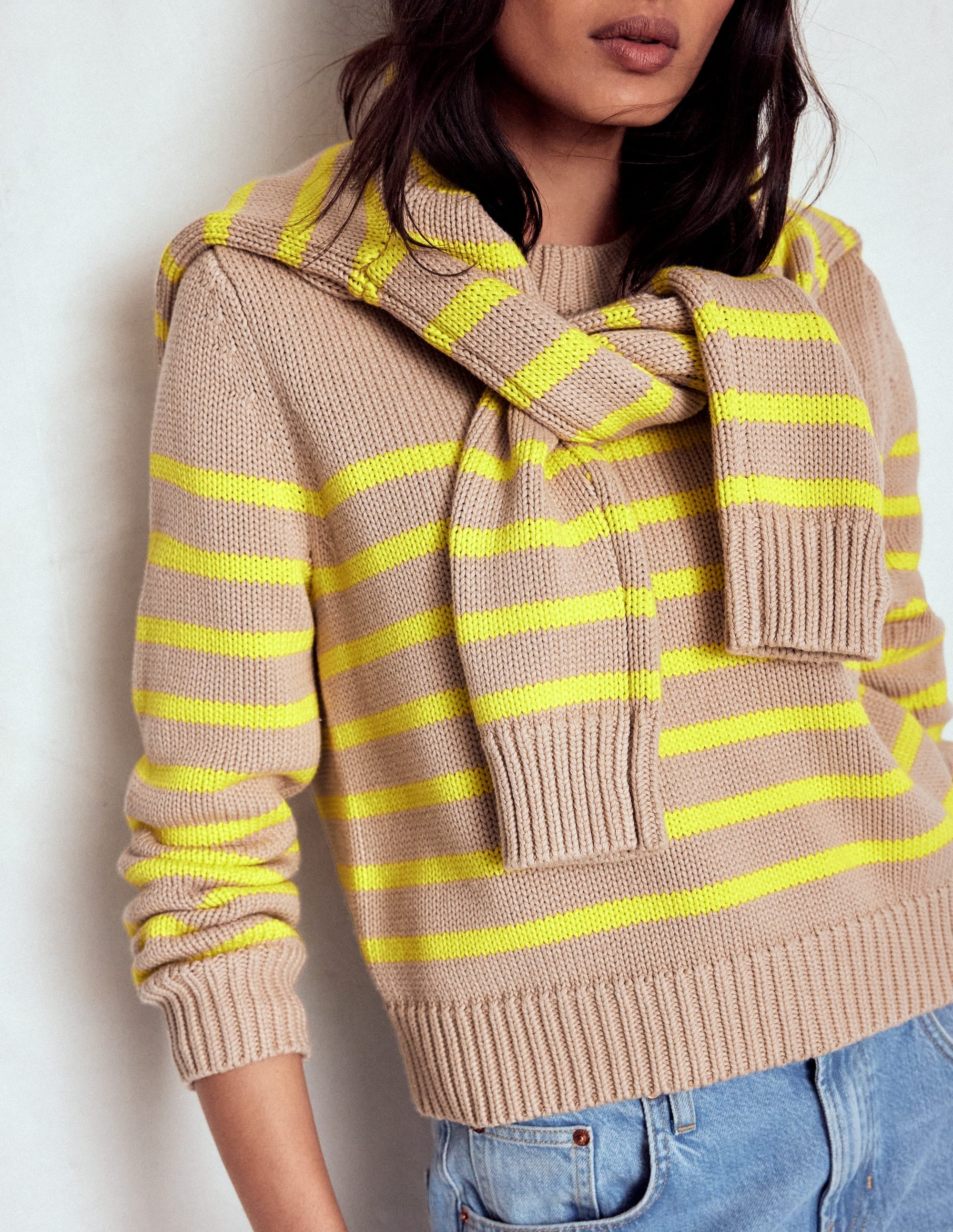 Lucy Chunky Cotton Sweater-Camel Melange, Neon Stripe