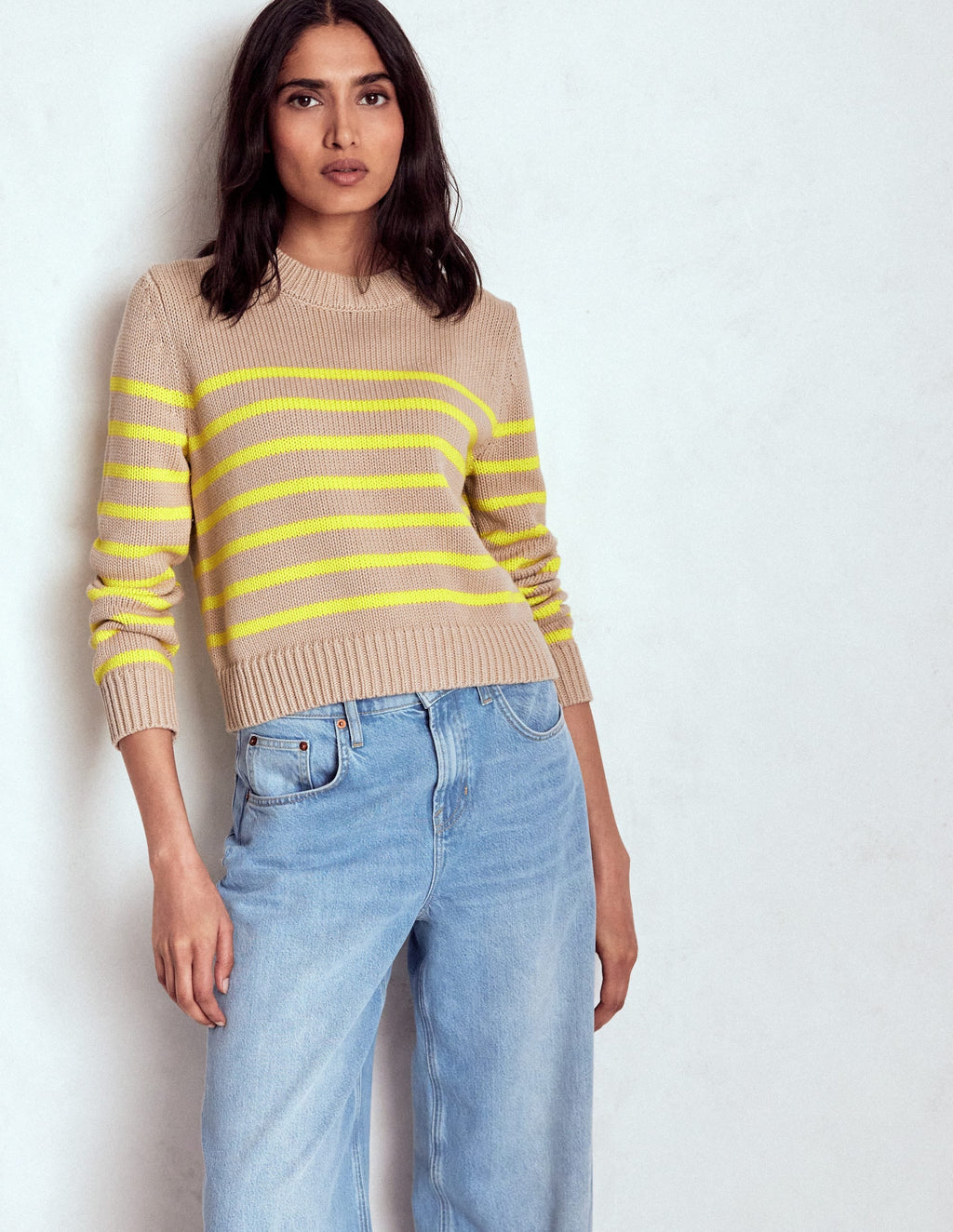 Lucy Chunky Cotton Sweater-Camel Melange, Neon Stripe