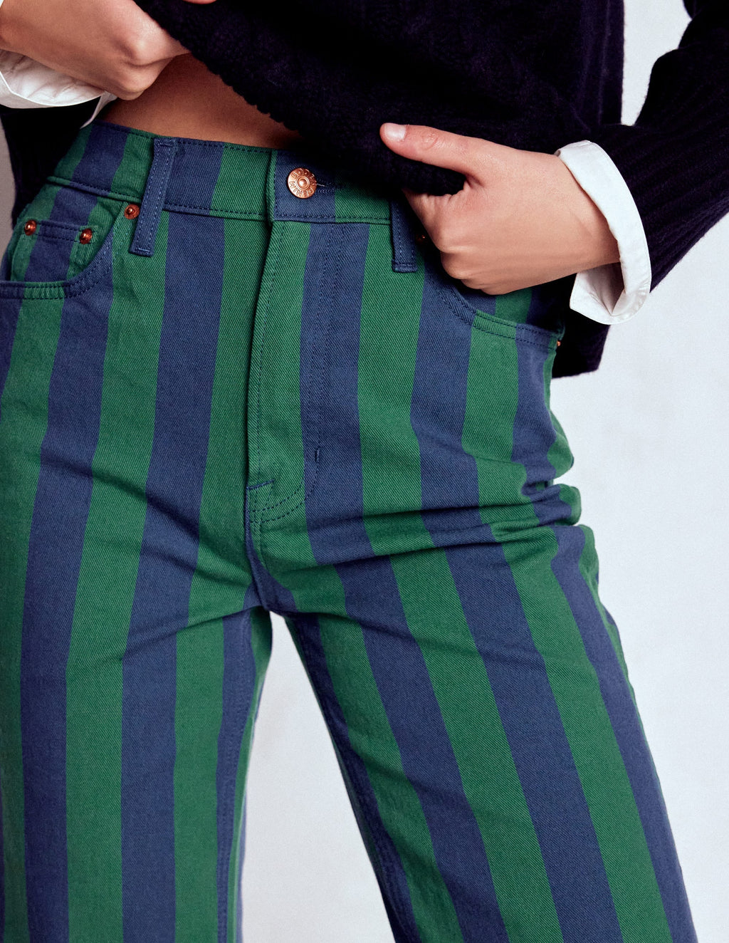 High Rise Stripe Jeans-Green and Navy Stripe
