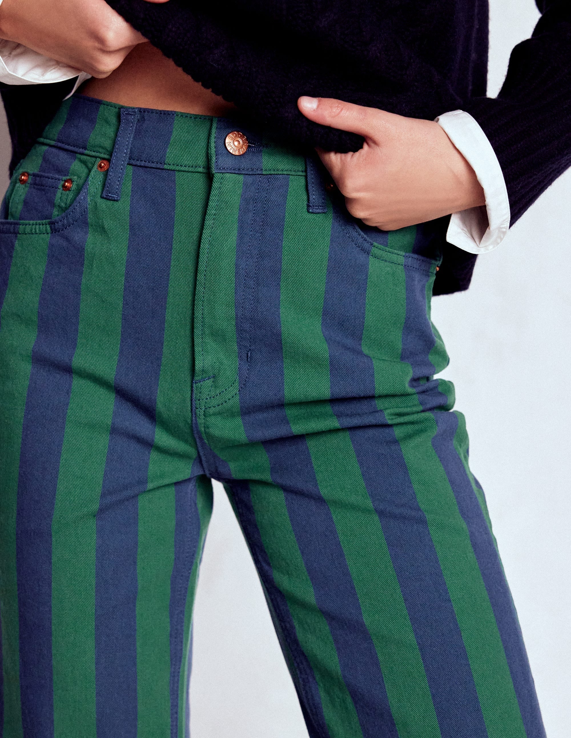 High Rise Stripe Jeans-Green and Navy Stripe