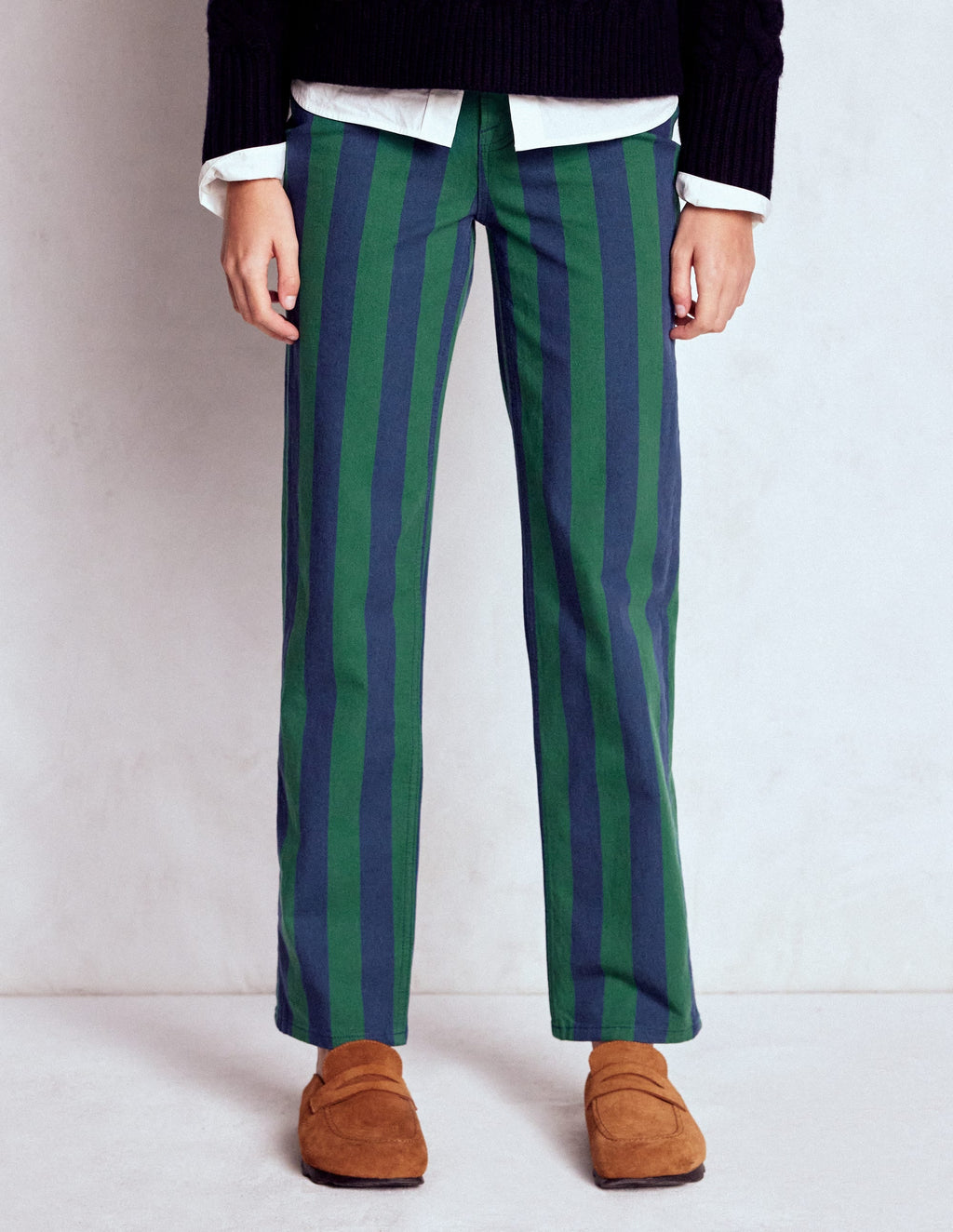 High Rise Stripe Jeans-Green and Navy Stripe