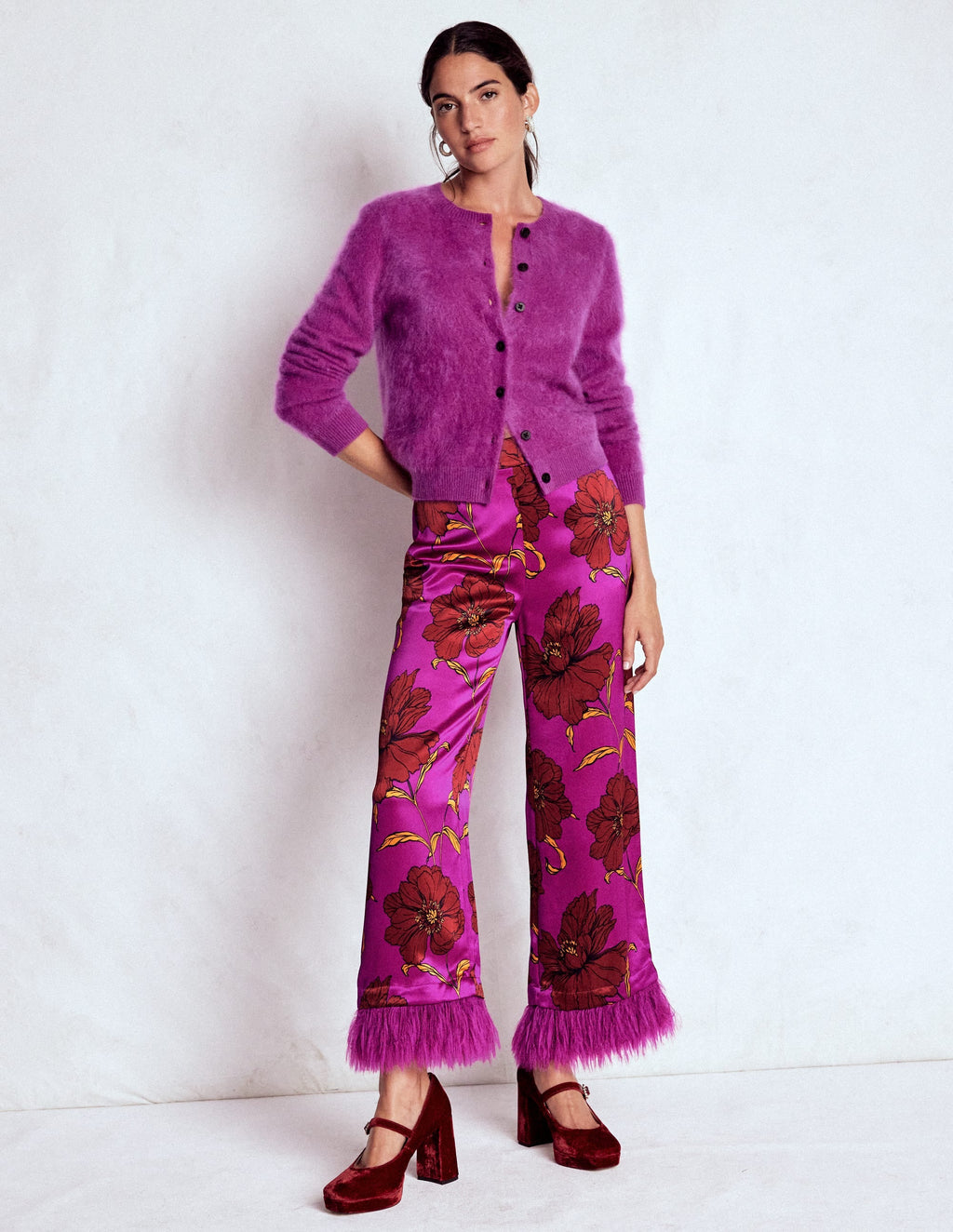 Faux Feather Trim Pants-Hollyhock Peony Bloom