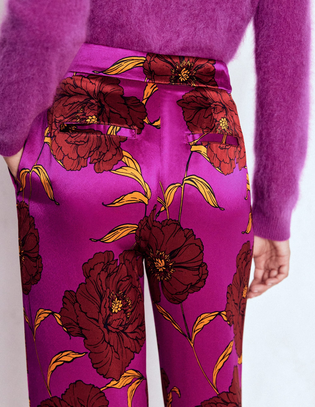 Faux Feather Trim Pants-Hollyhock Peony Bloom
