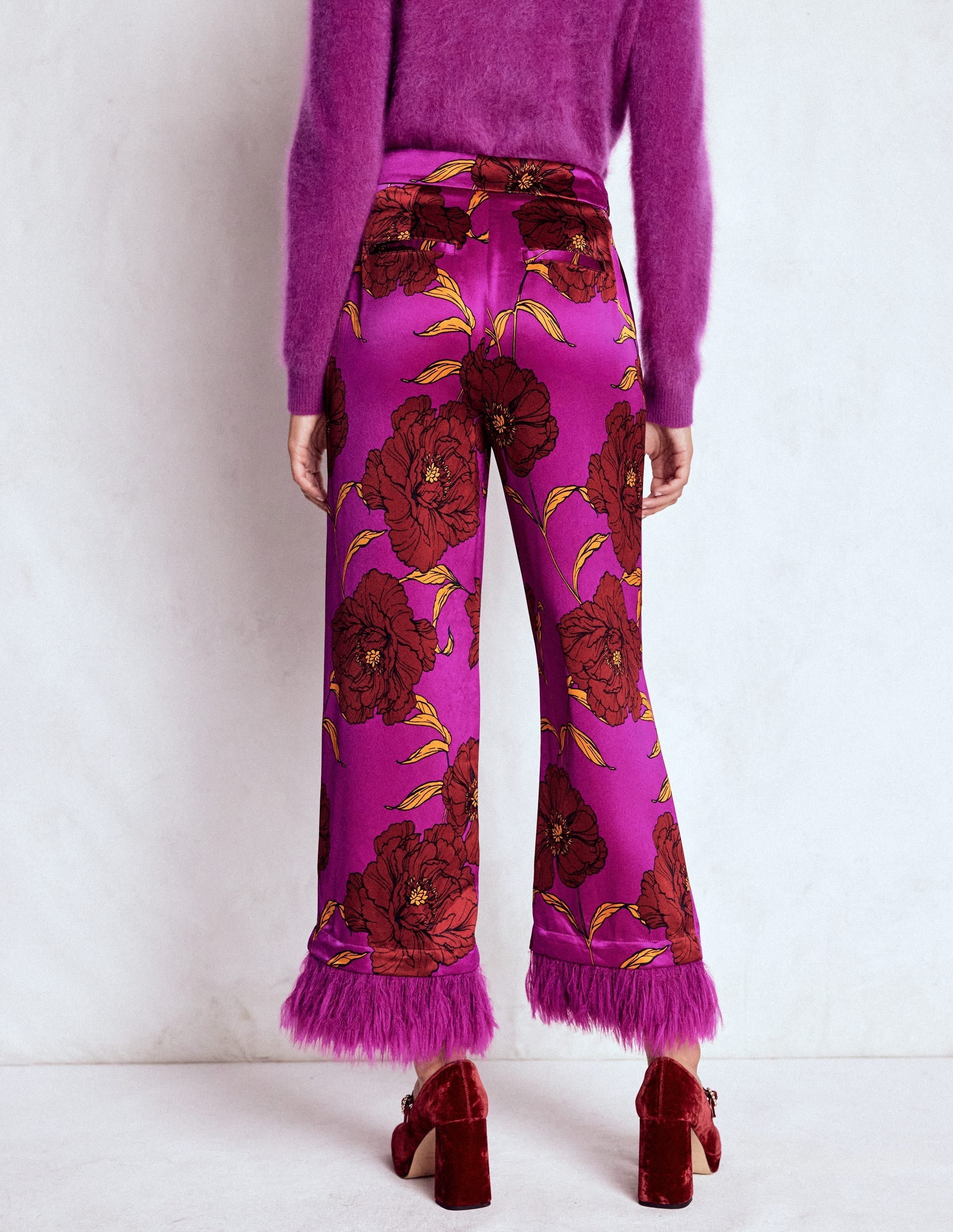 Faux Feather Trim Pants-Hollyhock Peony Bloom