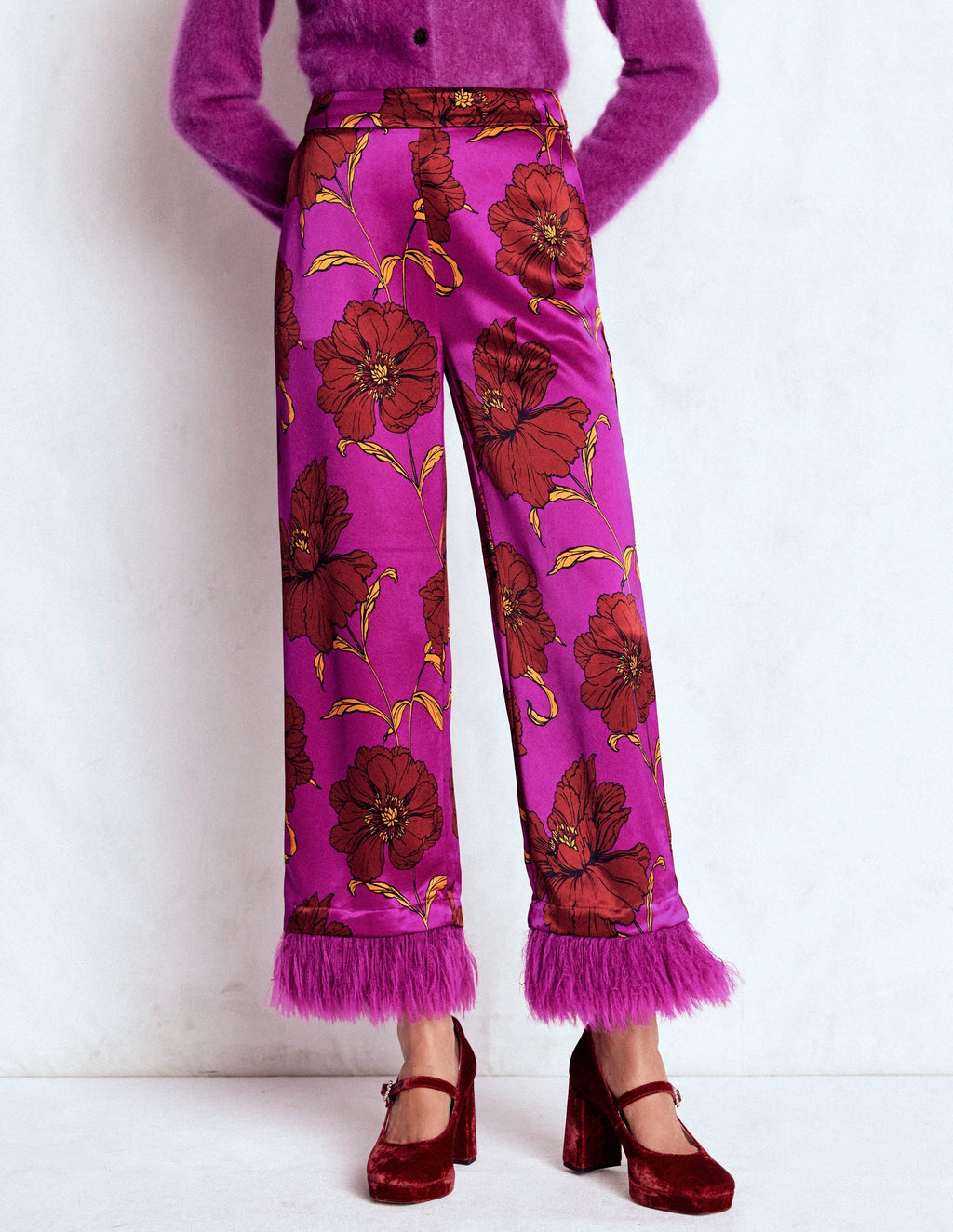 Faux Feather Trim Pants-Hollyhock Peony Bloom
