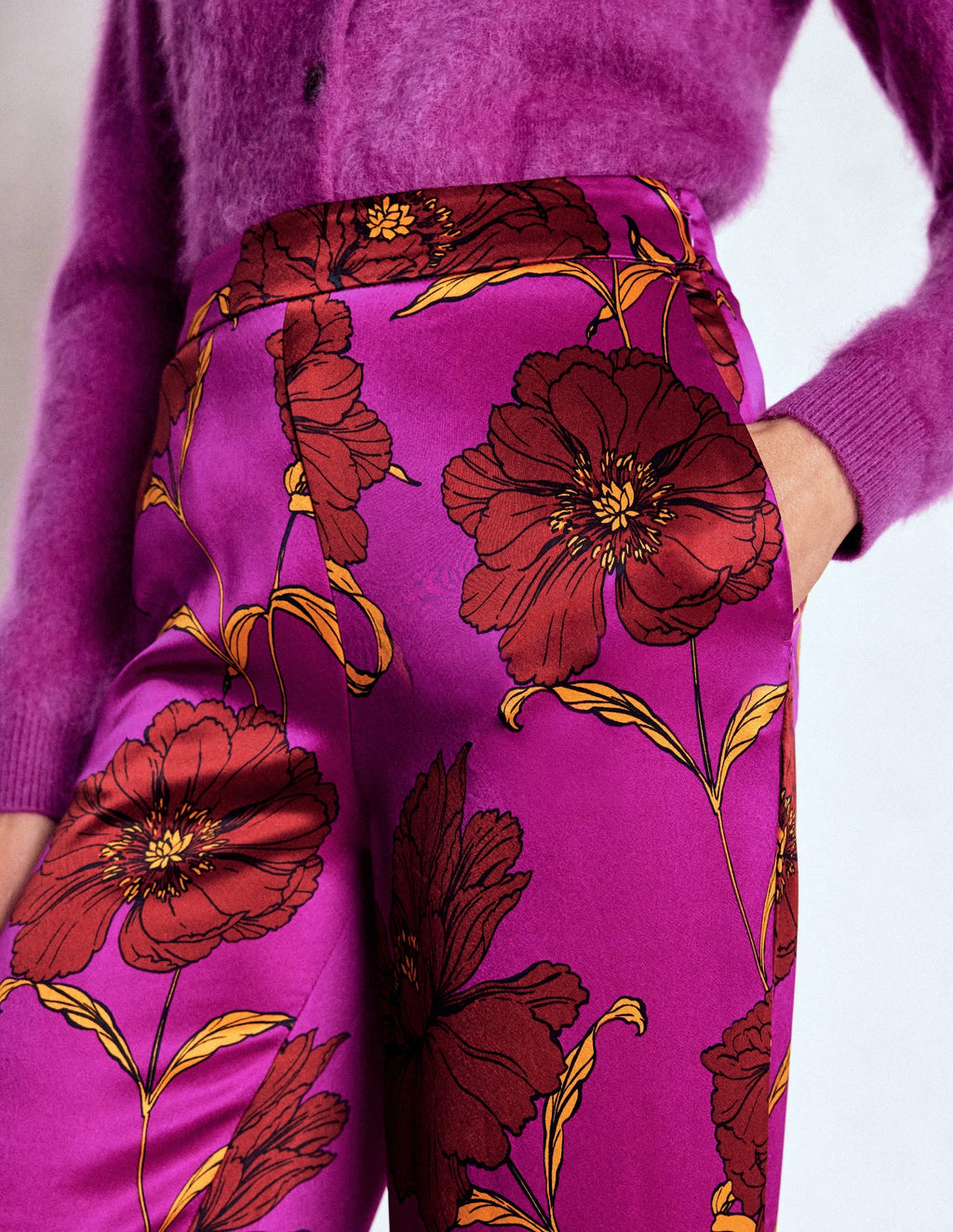 Faux Feather Trim Pants-Hollyhock Peony Bloom
