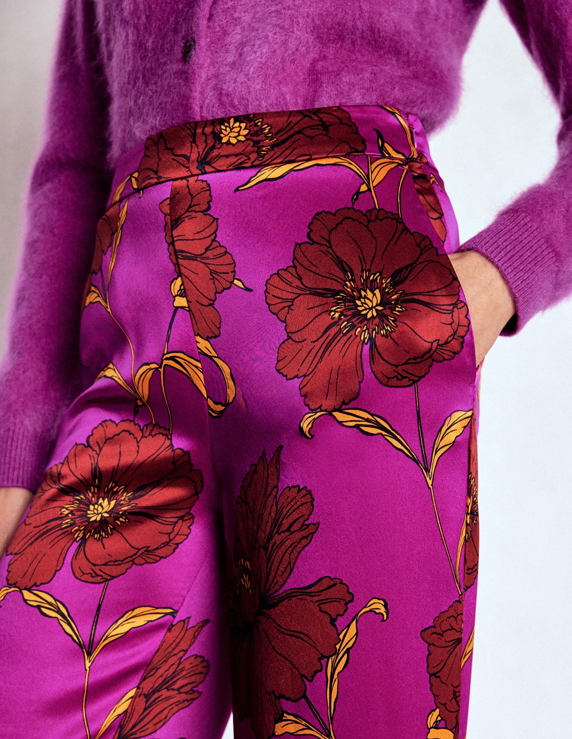 Faux Feather Trim Pants-Hollyhock Peony Bloom