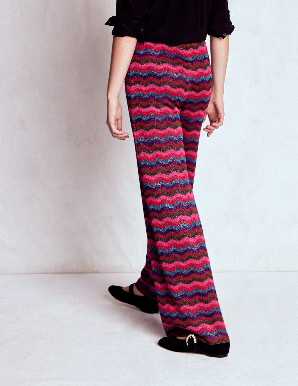 Jacquard Knitted Trousers-Jewel Toned Metallic Wave