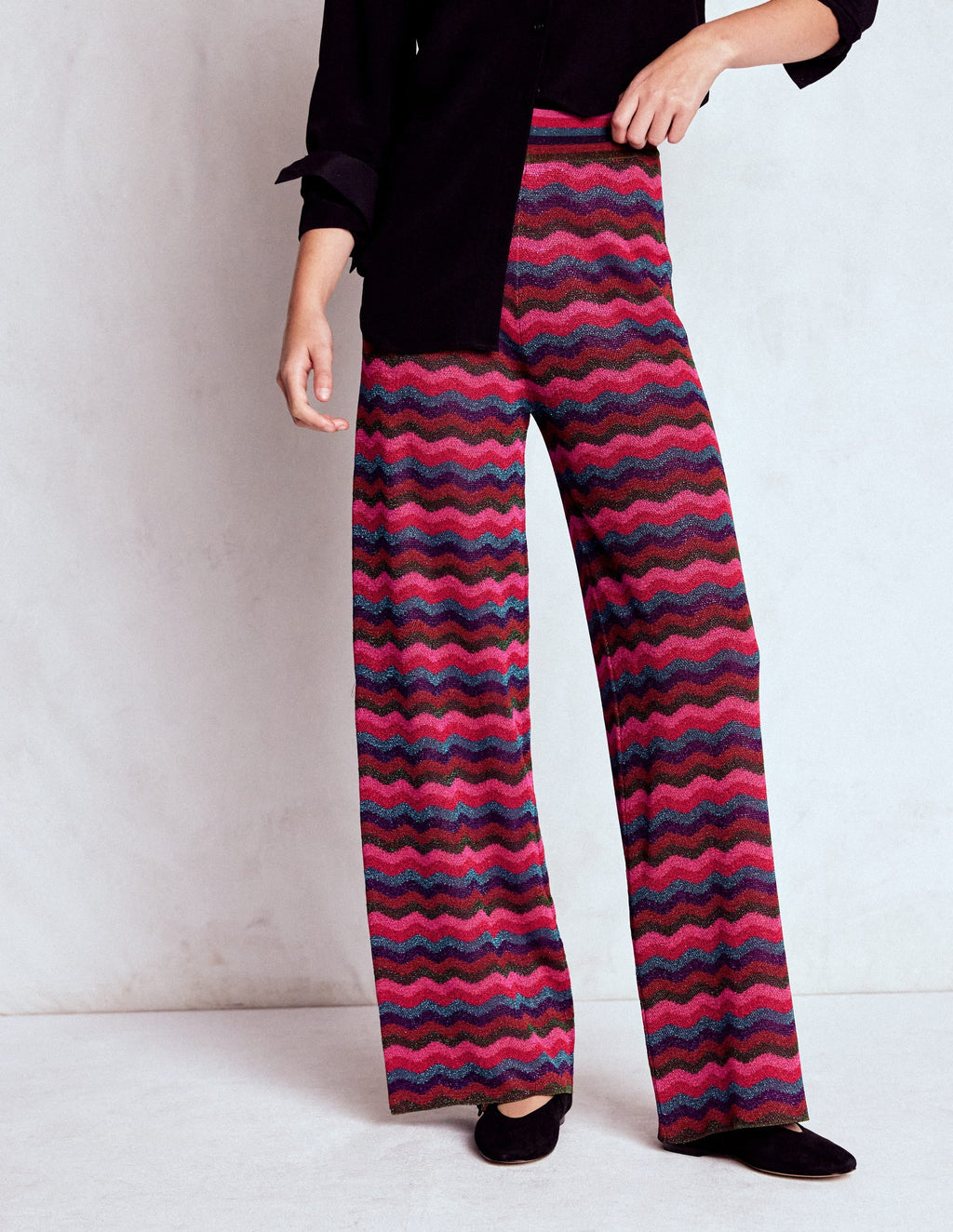 Jacquard Knitted Trousers-Jewel Toned Metallic Wave