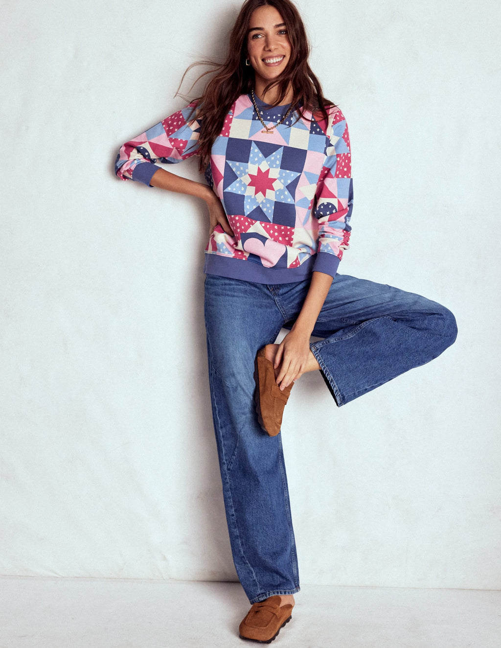 Hannah Printed Sweatshirt-Multi, Heart Patchwork