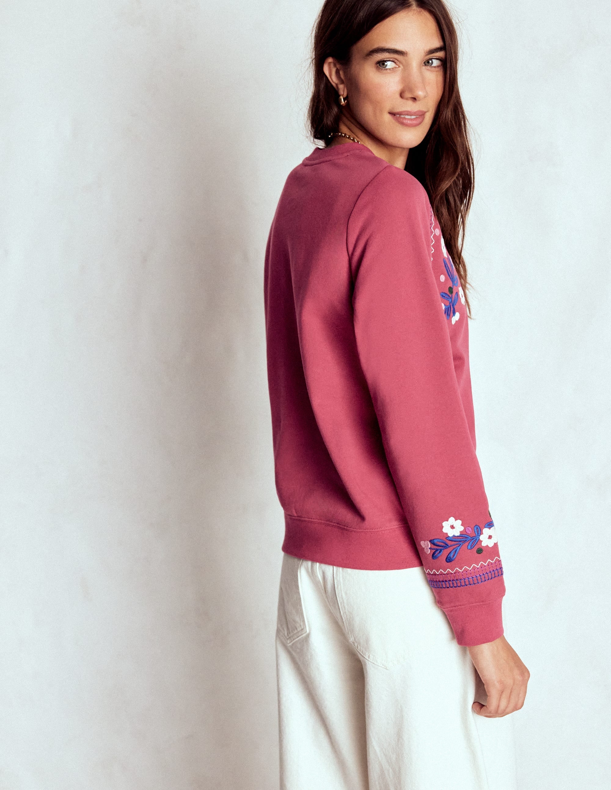 Hannah Embroidered Sweatshirt-Earth Red, Multi Floral