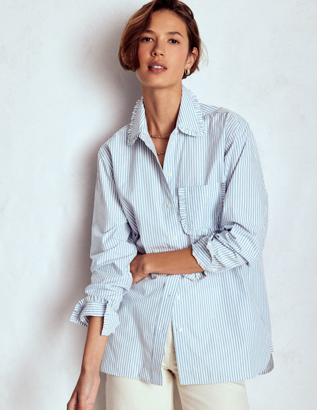 Sadie Relaxed Cotton Shirt-Faded Denim and Ivory Stripe