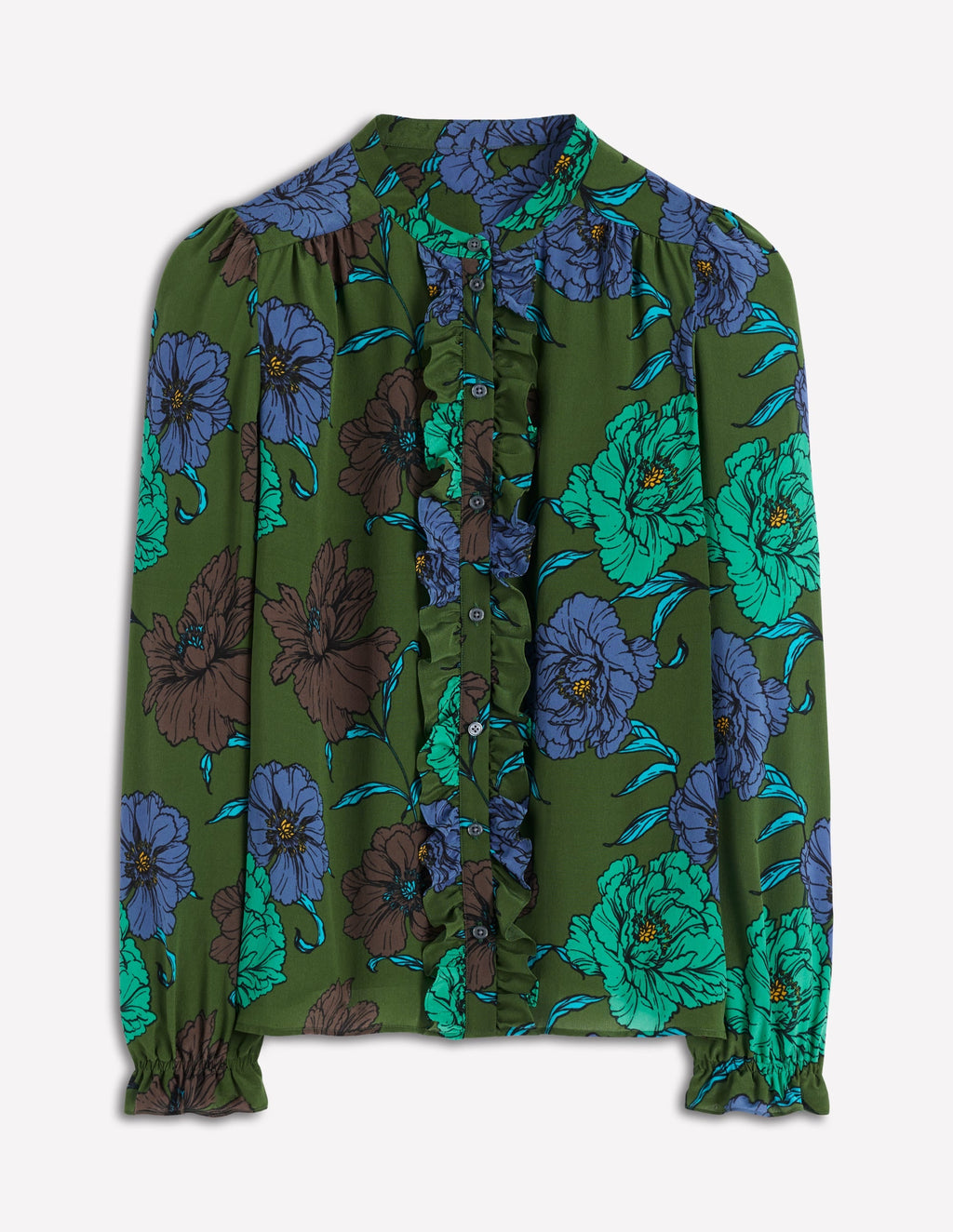 Alice Frill Front Silk Top-Green, Peony Bloom