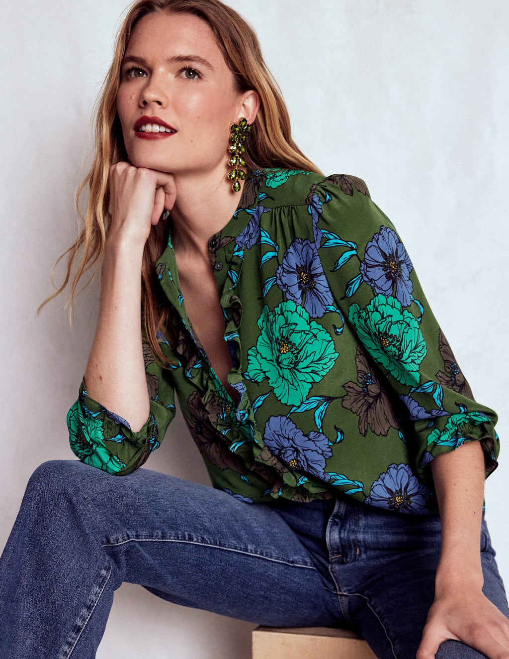 Alice Frill Front Silk Top-Green, Peony Bloom