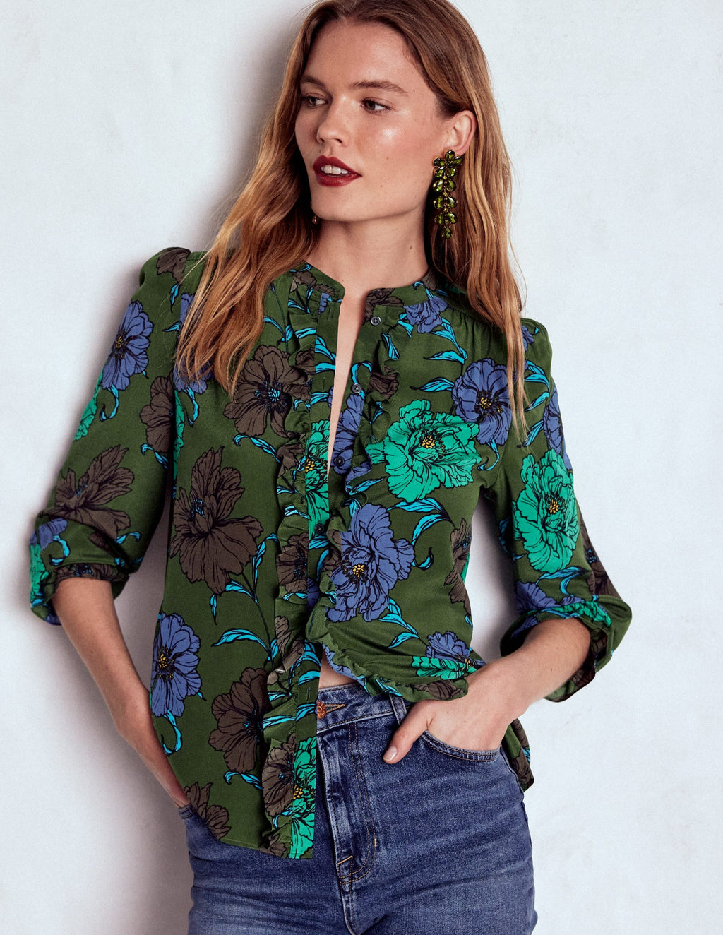 Alice Frill Front Silk Top-Green, Peony Bloom