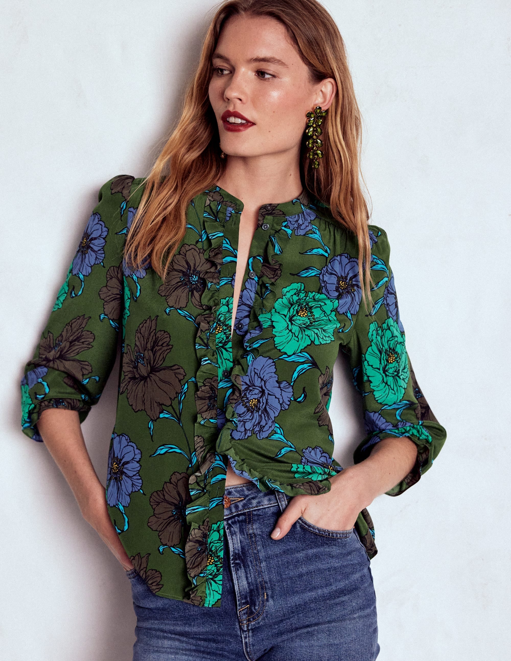 Alice Frill Front Silk Top-Green, Peony Bloom