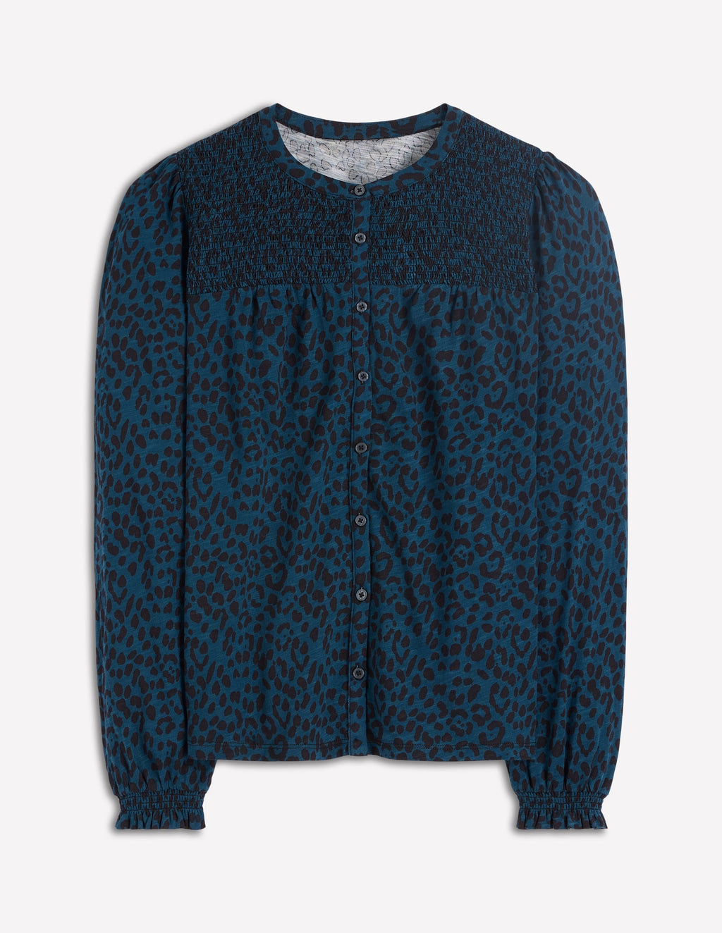 Elsa Smocked Yoke Jersey Shirt-Teal Leopard