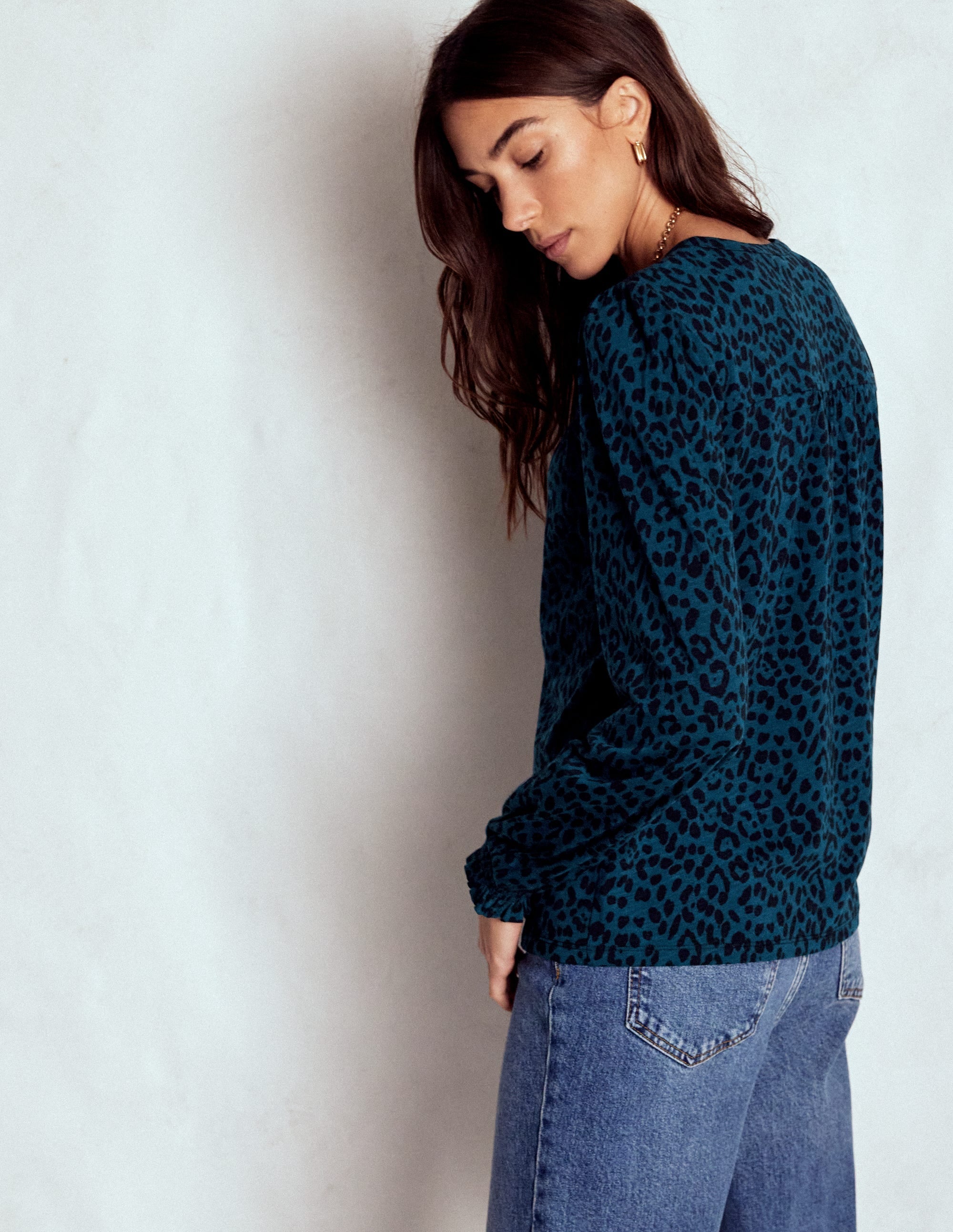 Elsa Smocked Yoke Jersey Shirt-Teal Leopard