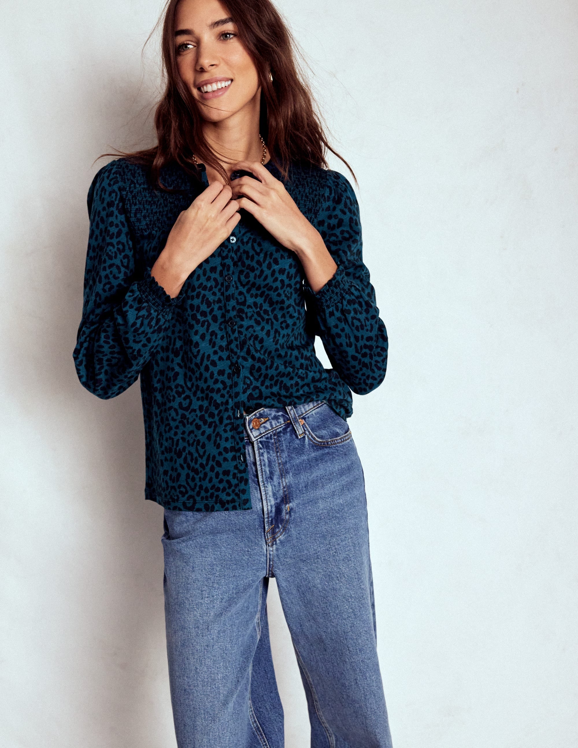 Elsa Smocked Yoke Jersey Shirt-Teal Leopard