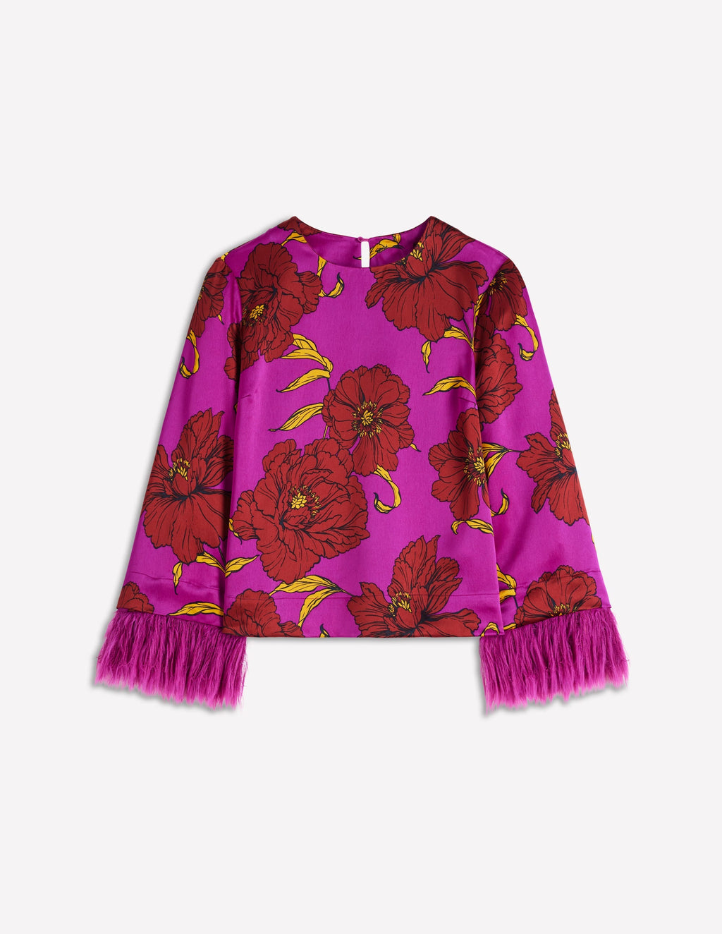 Faux Feather Trim Party Top-Purple Floral